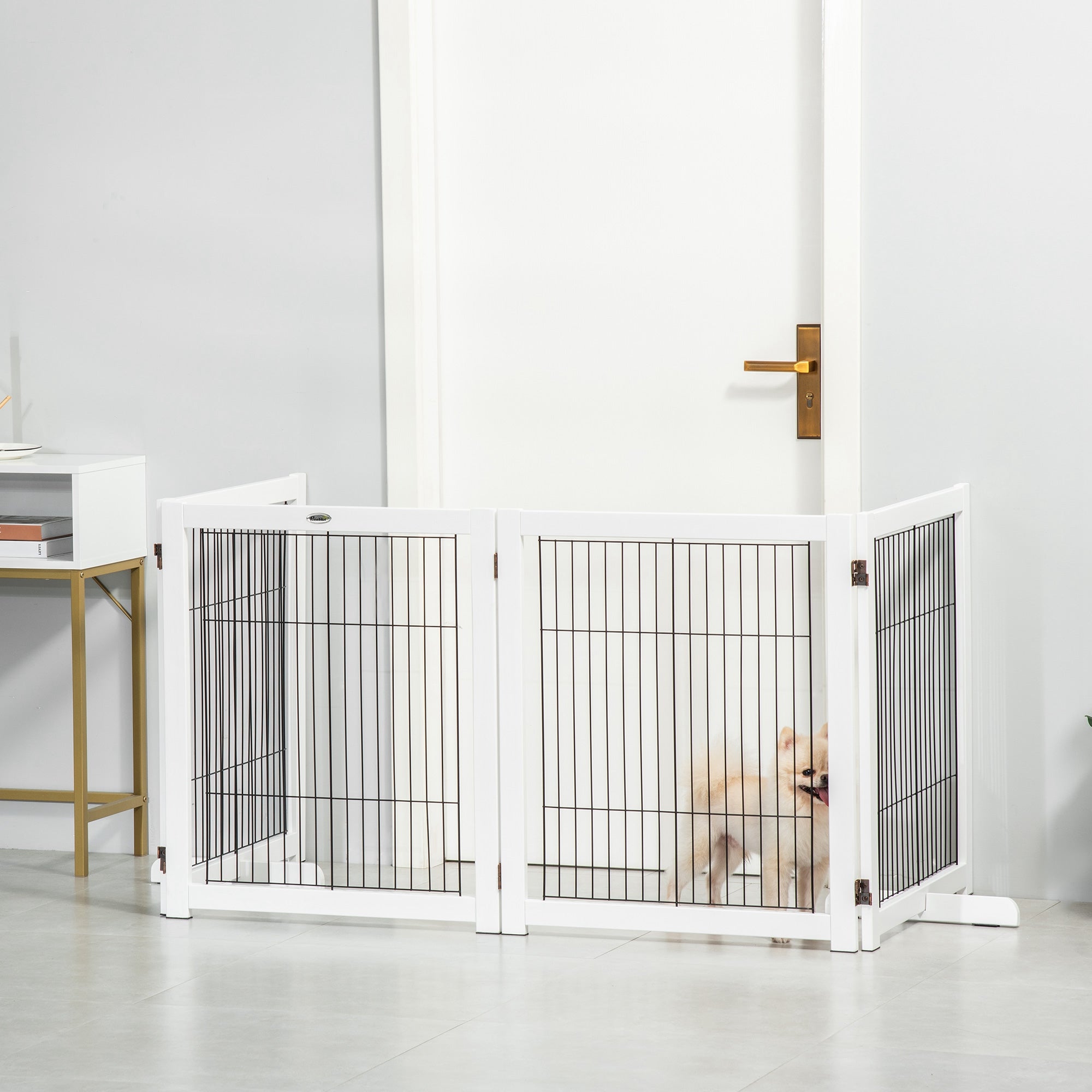 PawHut Freestanding Pet Gate 4 Panel Wooden Dog Barrier Foldable Safety Fence with Support Feet 264cm Long 77cm Tall for Doorway Stairs White