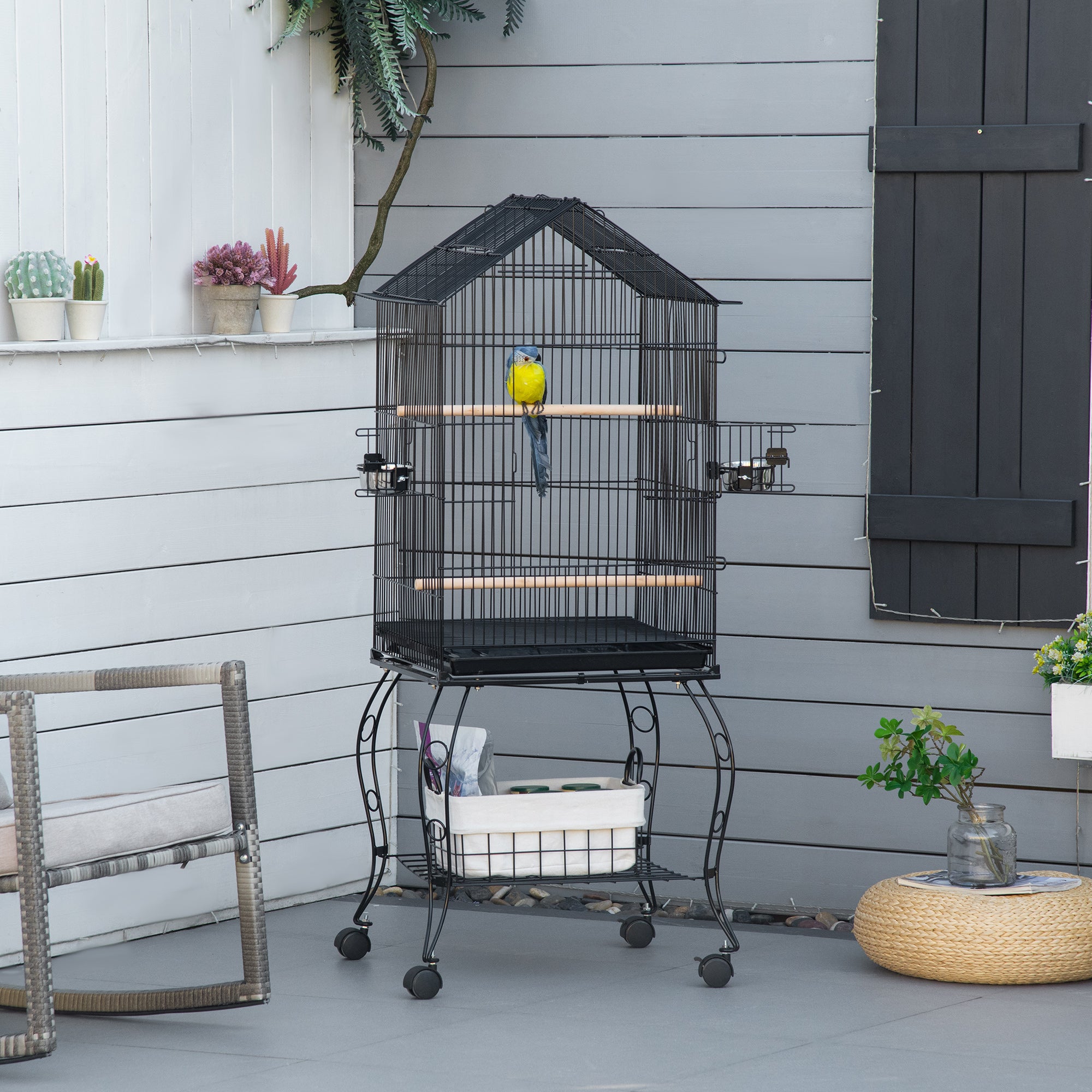 PawHut Large Metal Bird Parrot Cage Budgie Cage Aviary Finch Cockatiel Birds Stand Feeding Station Stand w/ Wheels 53L x 53W x 147H cm