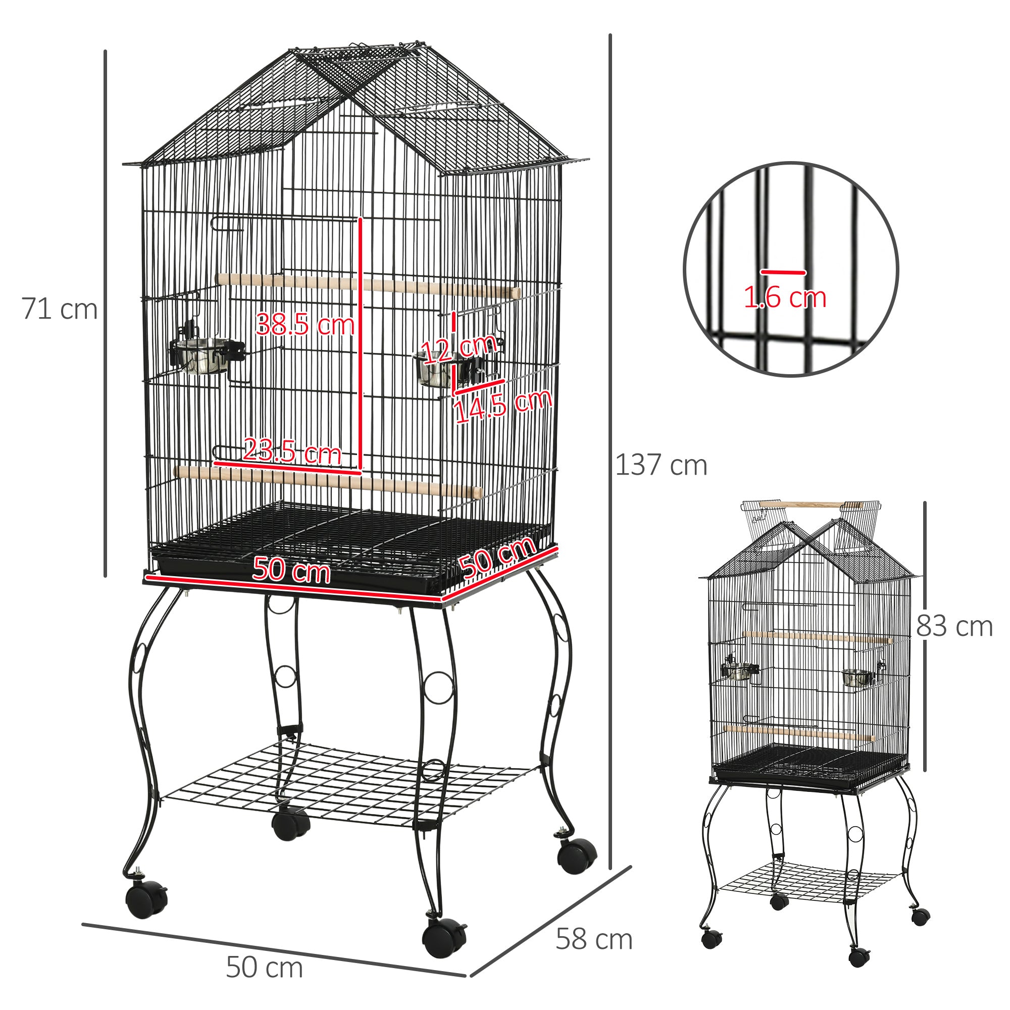 PawHut Large Metal Bird Parrot Cage Budgie Cage Aviary Finch Cockatiel Birds Stand Feeding Station Stand w/ Wheels 53L x 53W x 147H cm