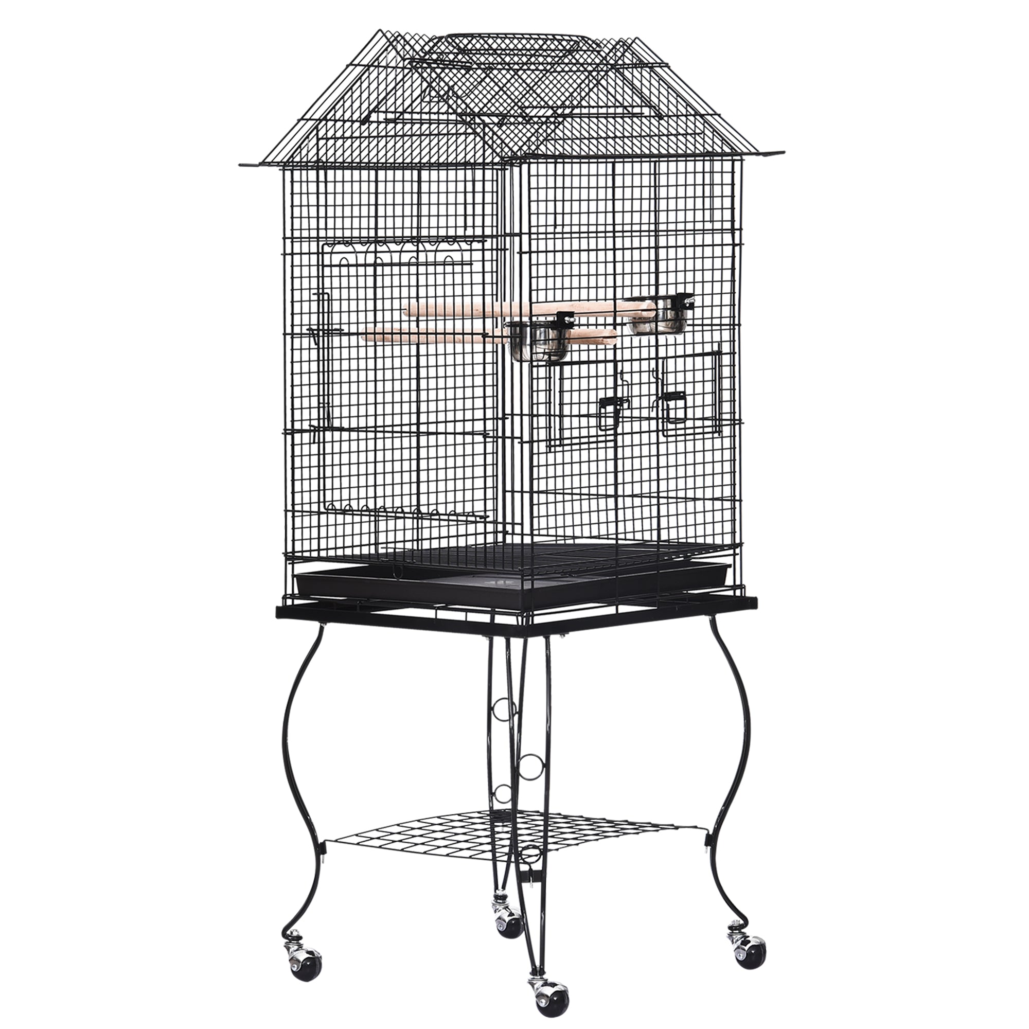 PawHut Large Metal Bird Parrot Cage Budgie Cage Aviary Finch Cockatiel Birds Stand Feeding Station Stand w/ Wheels 53L x 53W x 147H cm