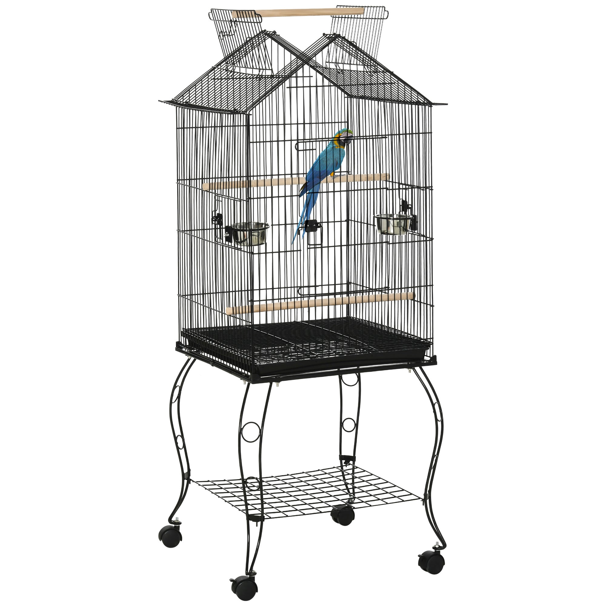 PawHut Large Metal Bird Parrot Cage Budgie Cage Aviary Finch Cockatiel Birds Stand Feeding Station Stand w/ Wheels 53L x 53W x 147H cm