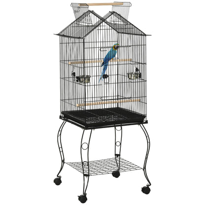 PawHut Large Metal Bird Parrot Cage Budgie Cage Aviary Finch Cockatiel Birds Stand Feeding Station Stand w/ Wheels 53L x 53W x 147H cm