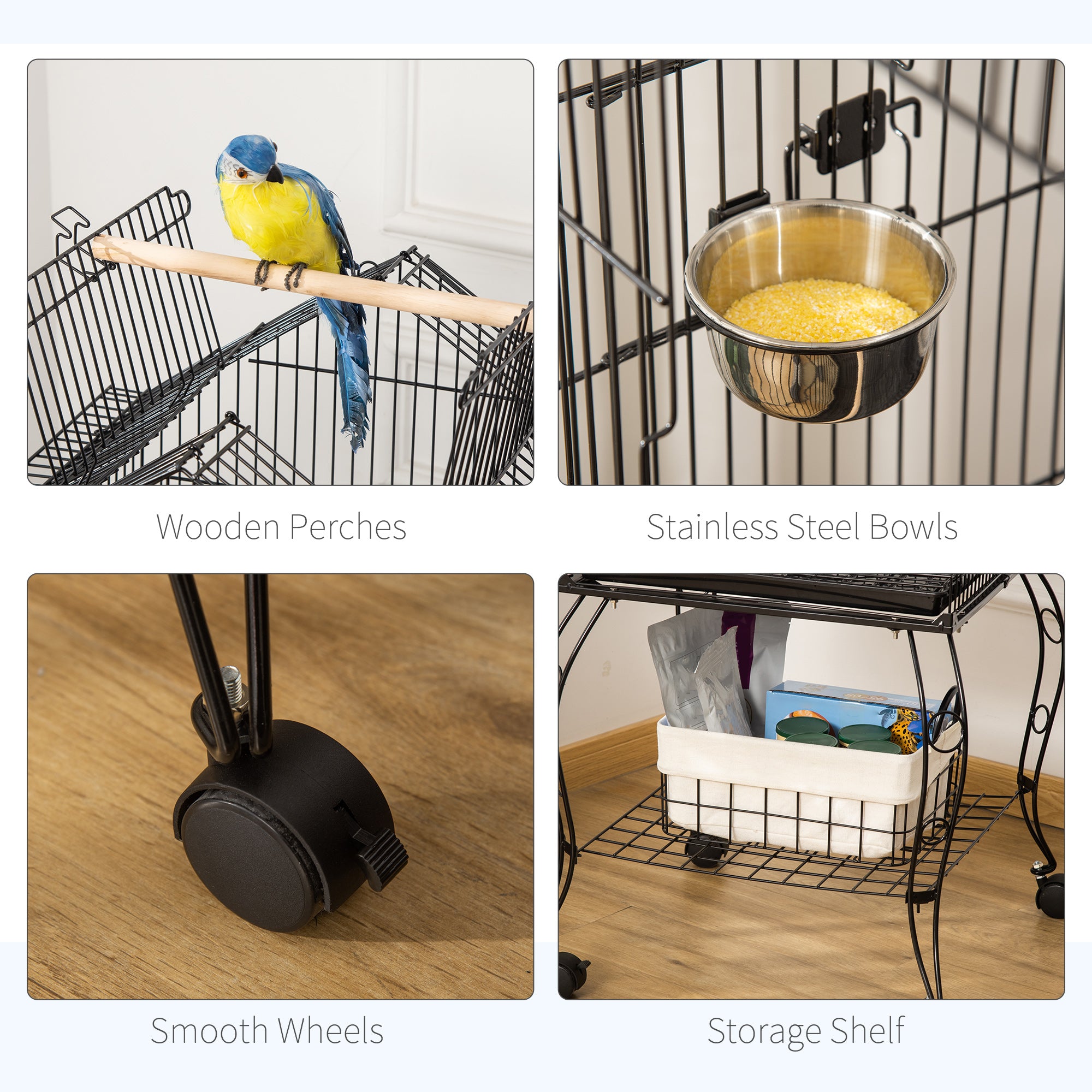 PawHut Large Metal Bird Parrot Cage Budgie Cage Aviary Finch Cockatiel Birds Stand Feeding Station Stand w/ Wheels 53L x 53W x 147H cm