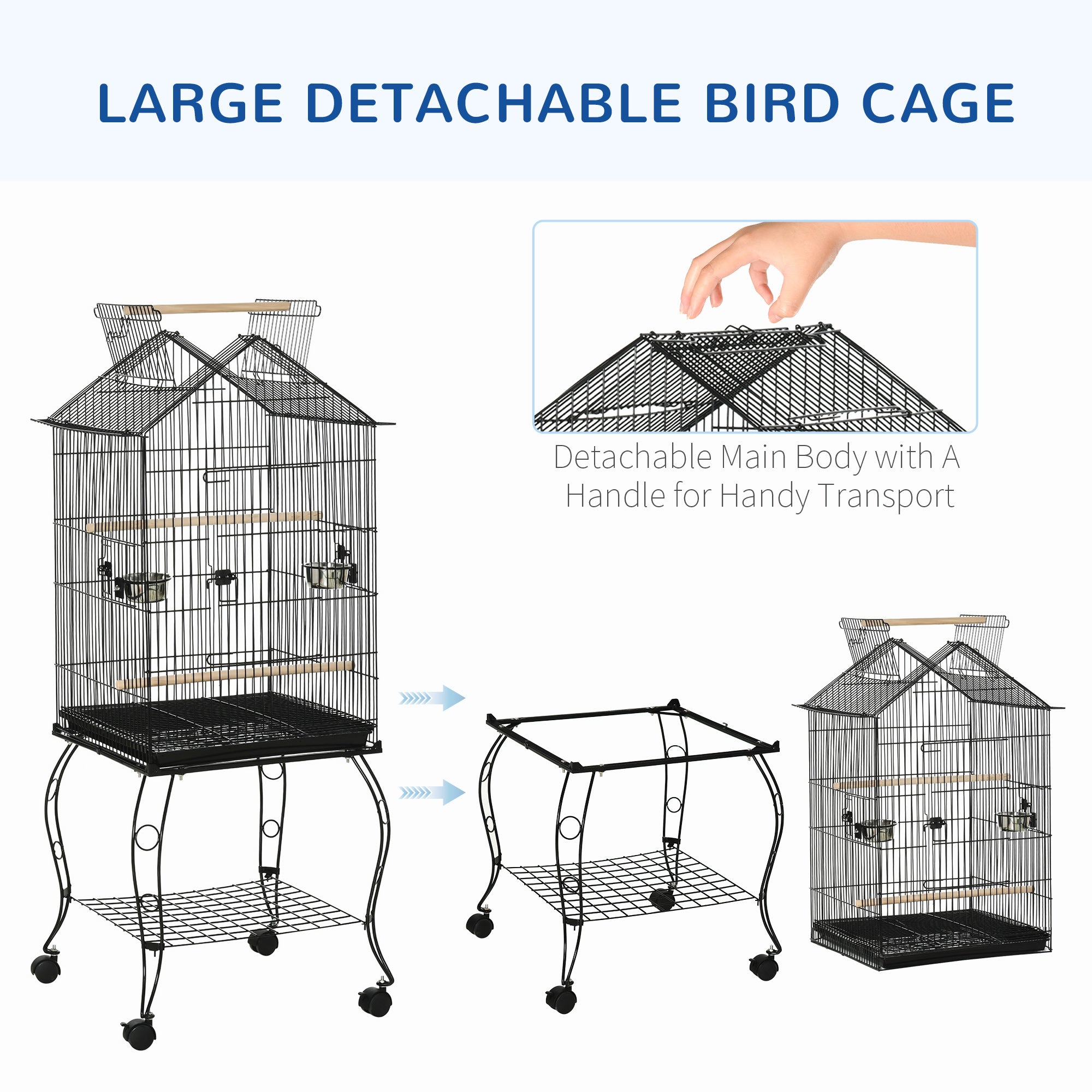 PawHut Large Metal Bird Parrot Cage Budgie Cage Aviary Finch Cockatiel Birds Stand Feeding Station Stand w/ Wheels 53L x 53W x 147H cm