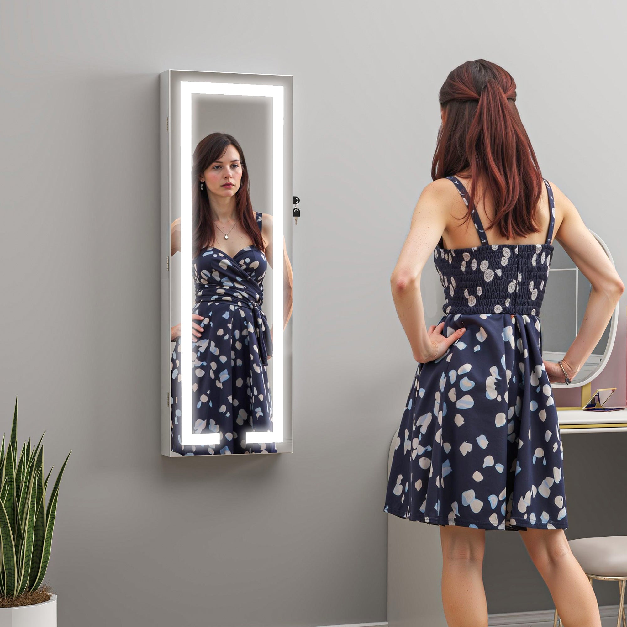 HOMCOM LED Lighted Jewelry Cabinet with Full-Length Mirror, Wall/Door Mounted Jewelry Armoire with Storage and Lighted Interior Mirror, Lockable Jewelry Organizer, White