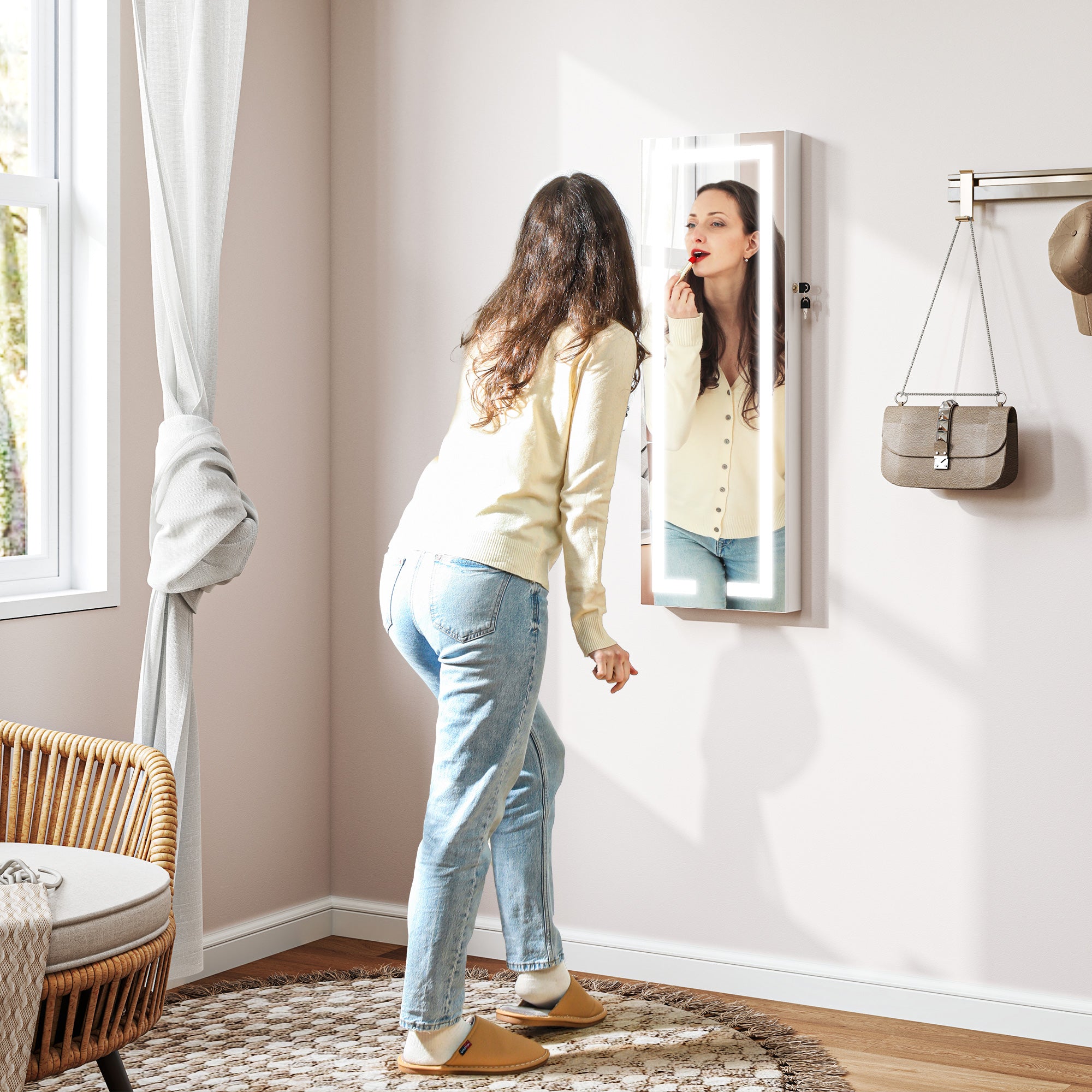 HOMCOM LED Lighted Jewelry Cabinet with Full-Length Mirror, Wall/Door Mounted Jewelry Armoire with Storage and Lighted Interior Mirror, Lockable Jewelry Organizer, White