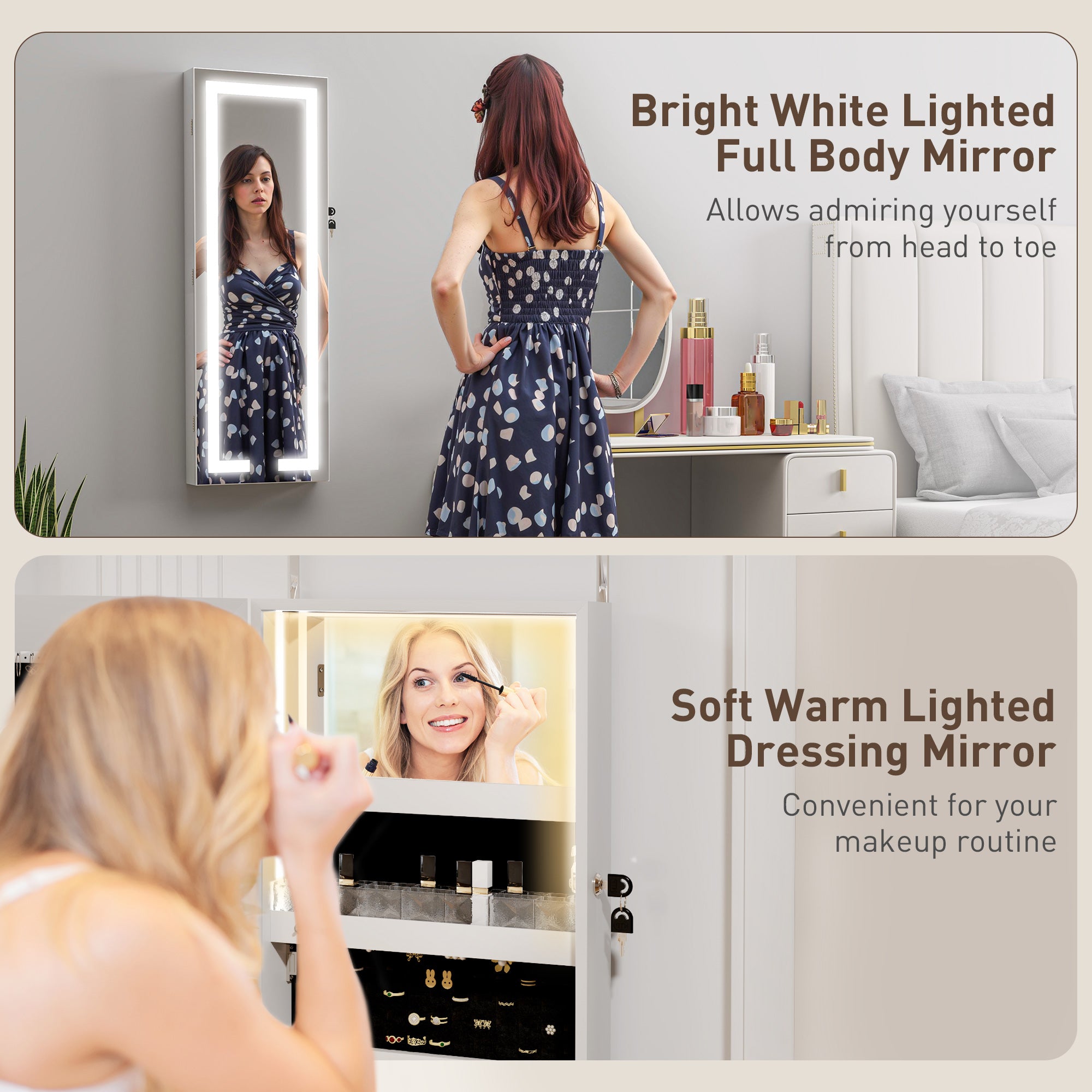 HOMCOM LED Lighted Jewelry Cabinet with Full-Length Mirror, Wall/Door Mounted Jewelry Armoire with Storage and Lighted Interior Mirror, Lockable Jewelry Organizer, White