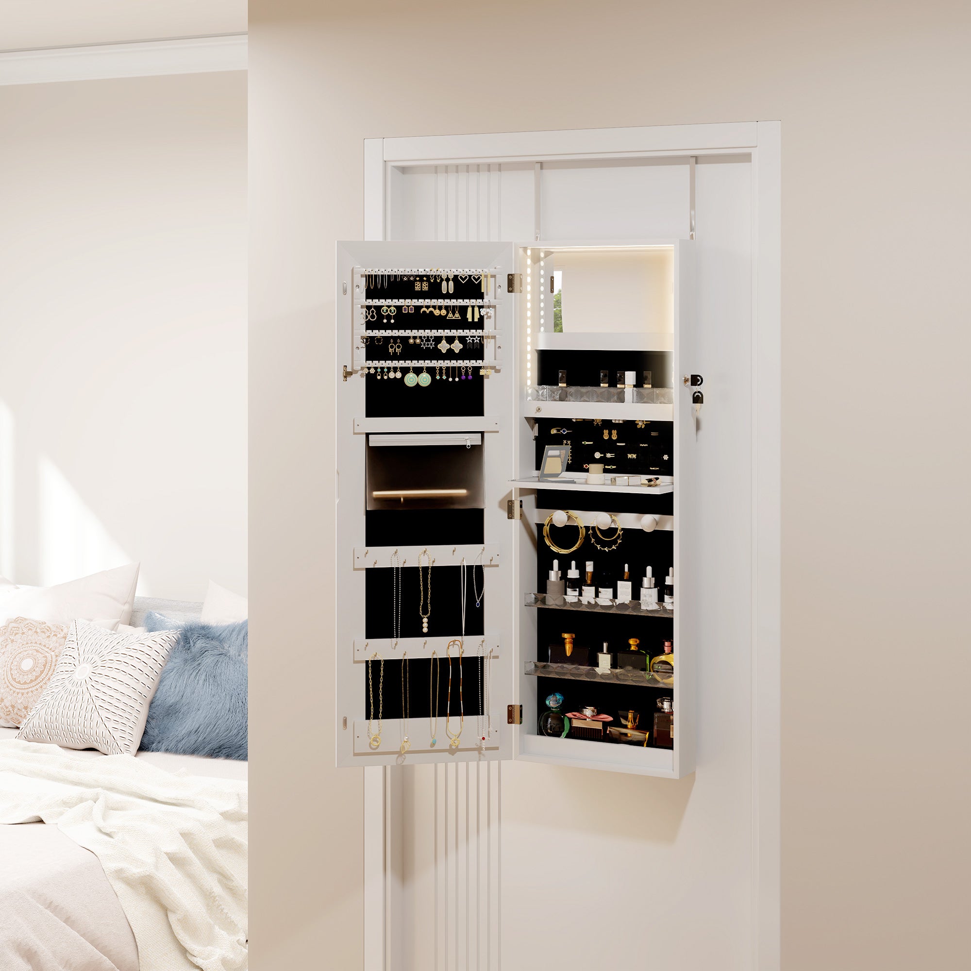 HOMCOM LED Lighted Jewelry Cabinet with Full-Length Mirror, Wall/Door Mounted Jewelry Armoire with Storage and Lighted Interior Mirror, Lockable Jewelry Organizer, White