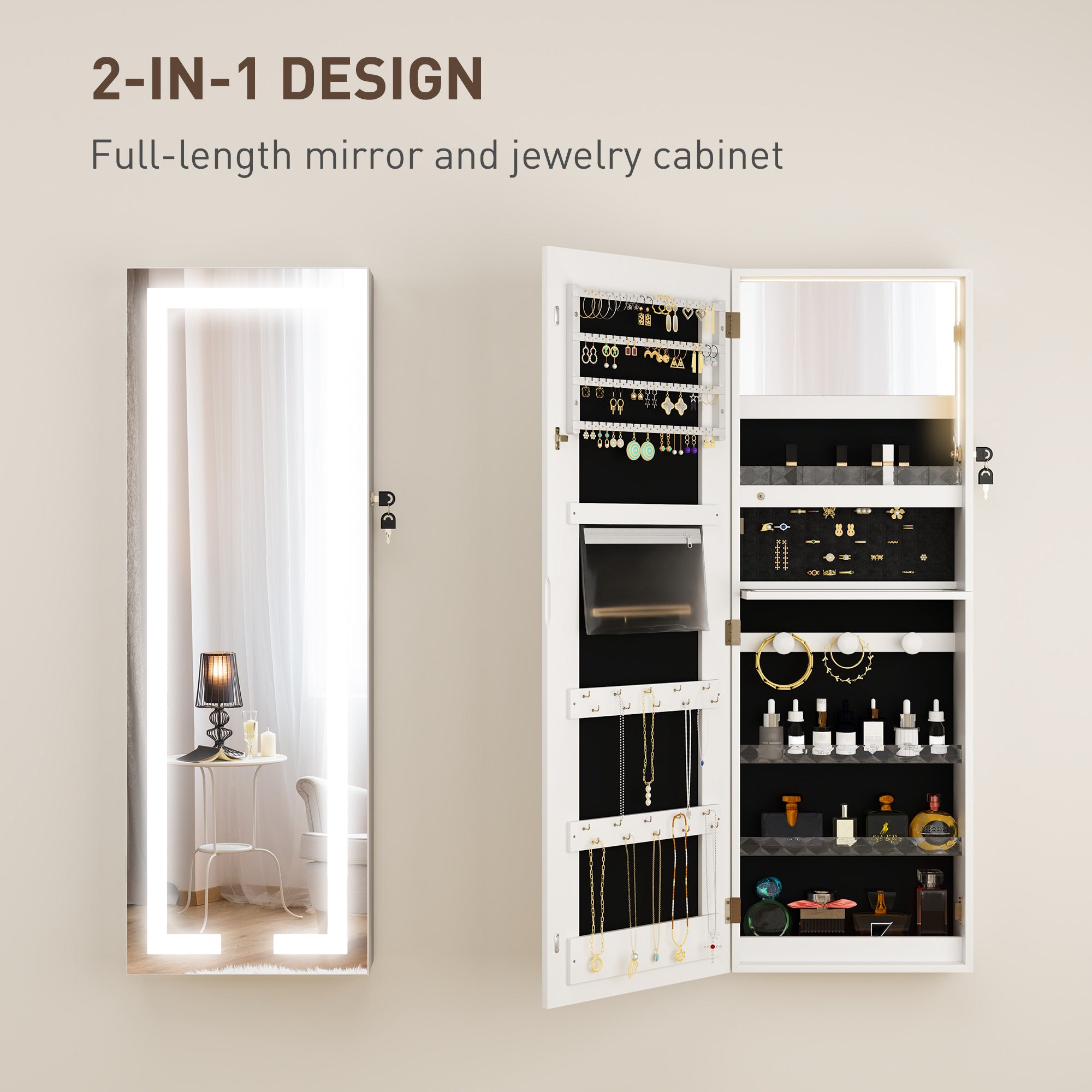 HOMCOM LED Lighted Jewelry Cabinet with Full-Length Mirror, Wall/Door Mounted Jewelry Armoire with Storage and Lighted Interior Mirror, Lockable Jewelry Organizer, White