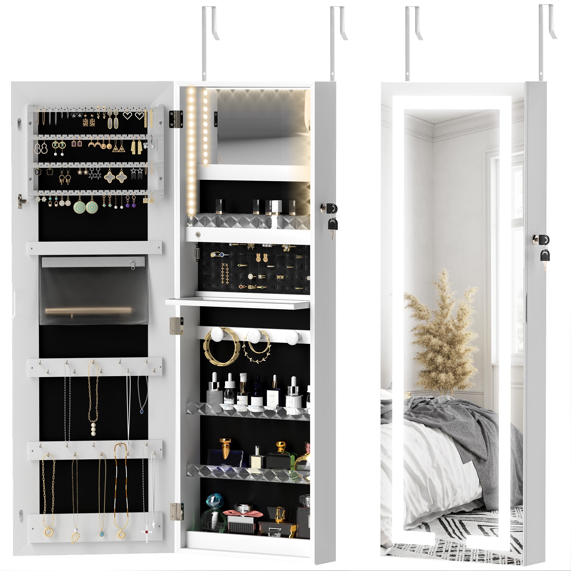 HOMCOM LED Lighted Jewelry Cabinet with Full-Length Mirror, Wall/Door Mounted Jewelry Armoire with Storage and Lighted Interior Mirror, Lockable Jewelry Organizer, White