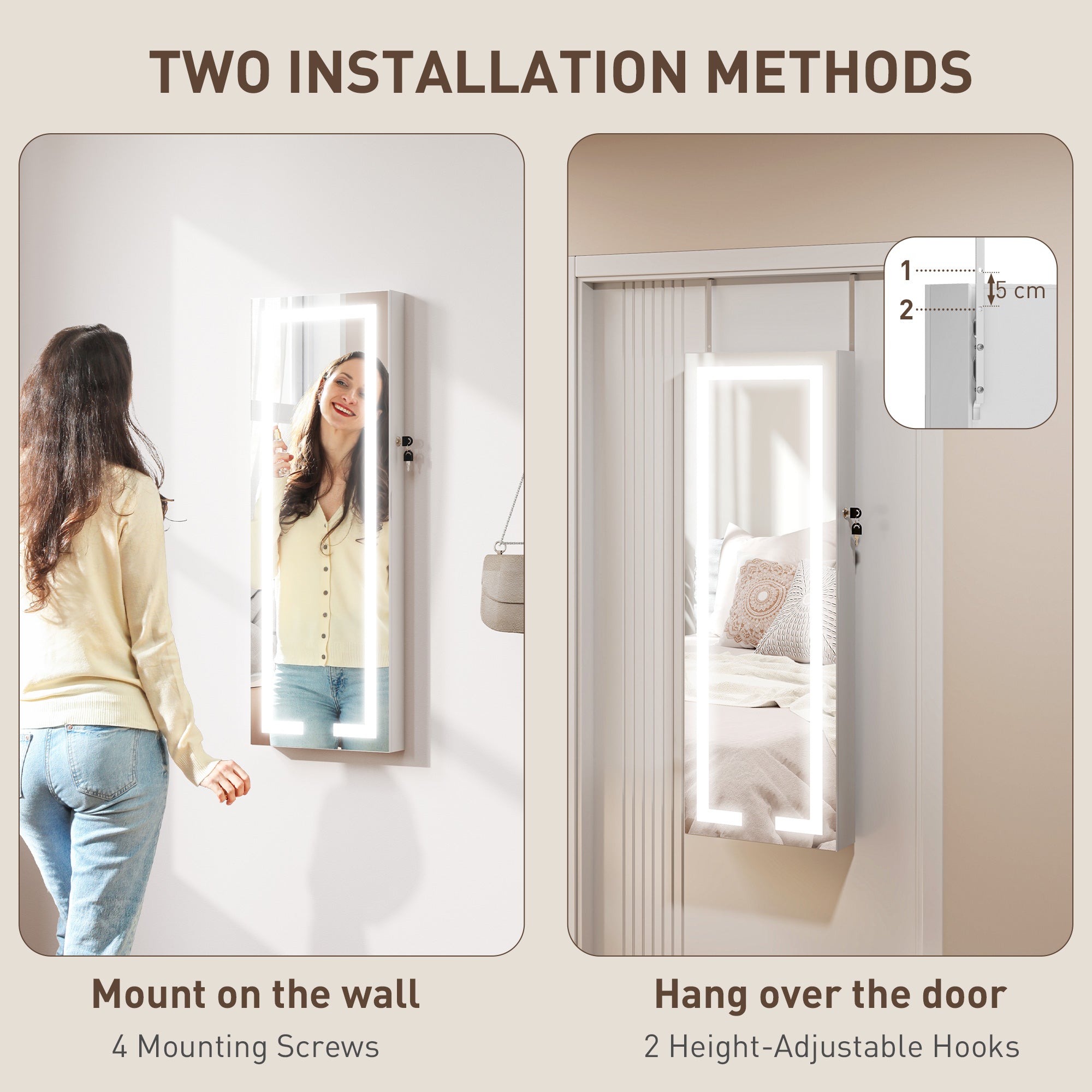 HOMCOM LED Lighted Jewelry Cabinet with Full-Length Mirror, Wall/Door Mounted Jewelry Armoire with Storage and Lighted Interior Mirror, Lockable Jewelry Organizer, White