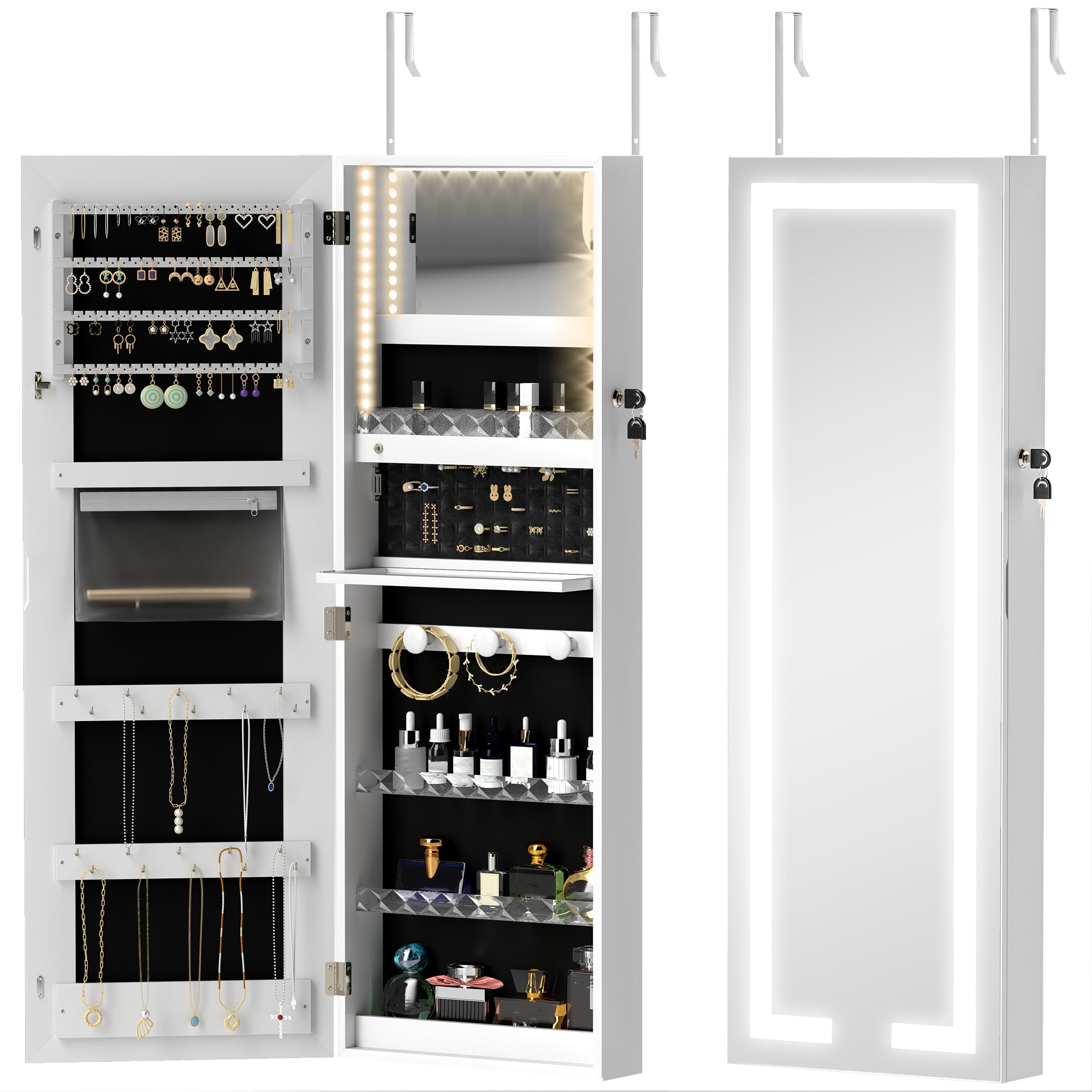 HOMCOM LED Lighted Jewelry Cabinet with Full-Length Mirror, Wall/Door Mounted Jewelry Armoire with Storage and Lighted Interior Mirror, Lockable Jewelry Organizer, White