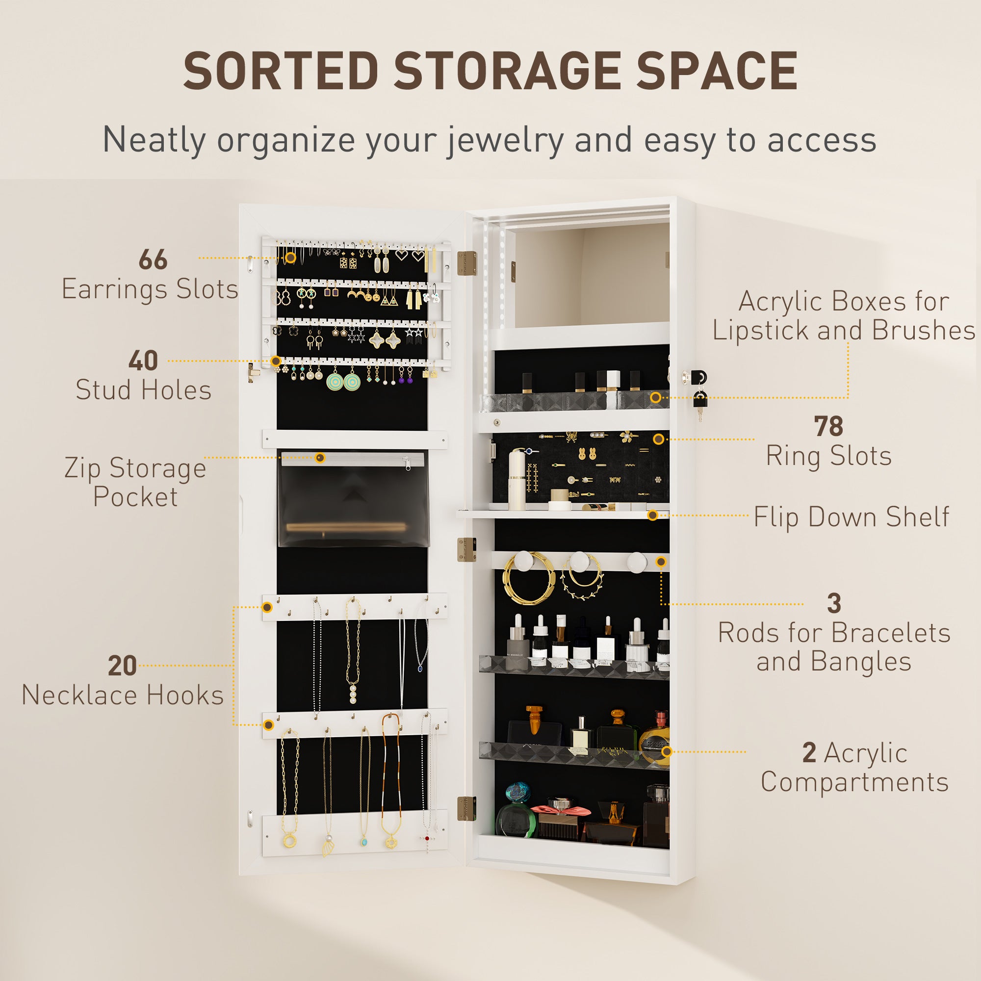 HOMCOM LED Lighted Jewelry Cabinet with Full-Length Mirror, Wall/Door Mounted Jewelry Armoire with Storage and Lighted Interior Mirror, Lockable Jewelry Organizer, White