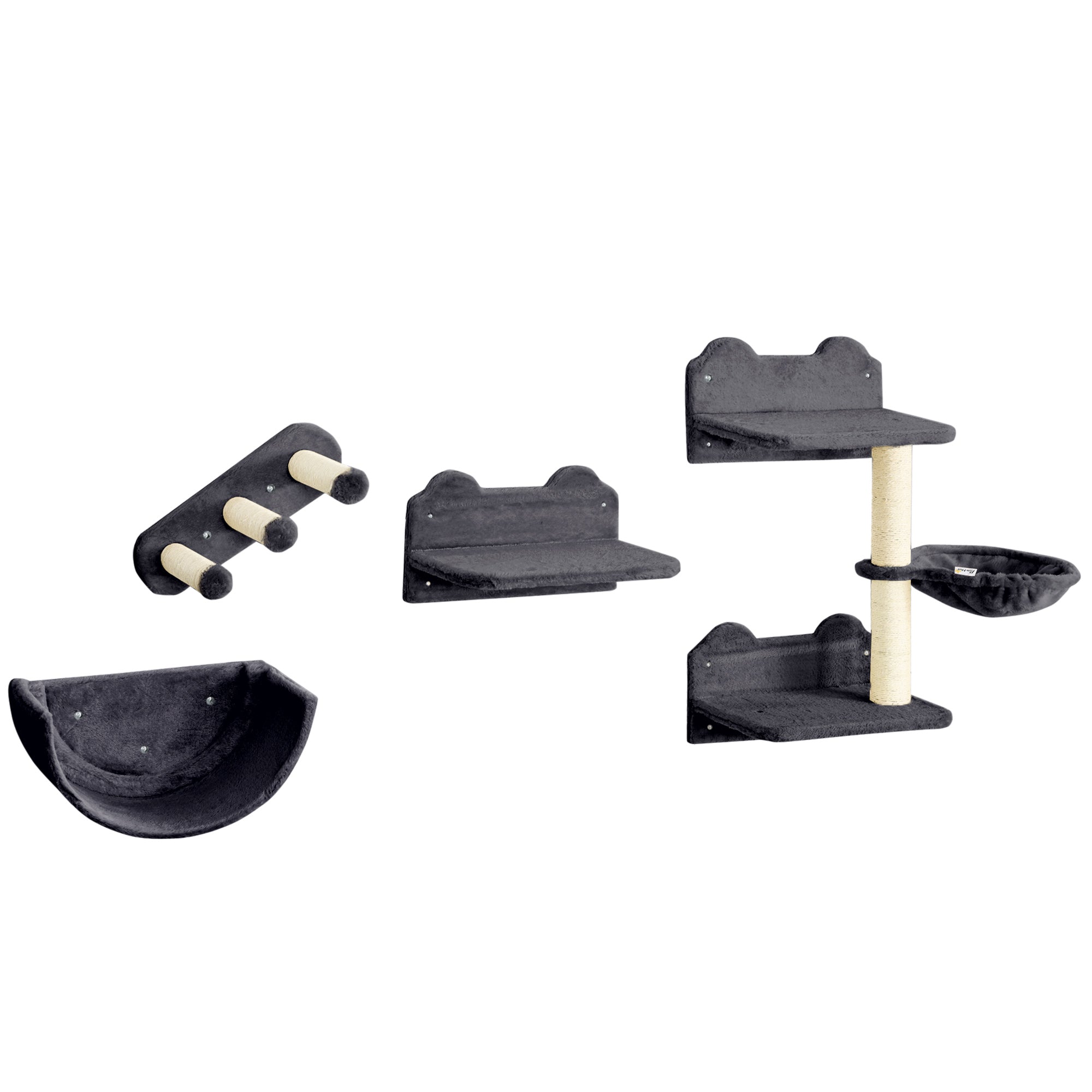 PawHut 4PCs Wall Mounted Cat Tree Cat Wall Shelves Furniture Climbing Shelf Set Kitten Activity Centre w/ Hammock, Scratching Post - Dark Grey