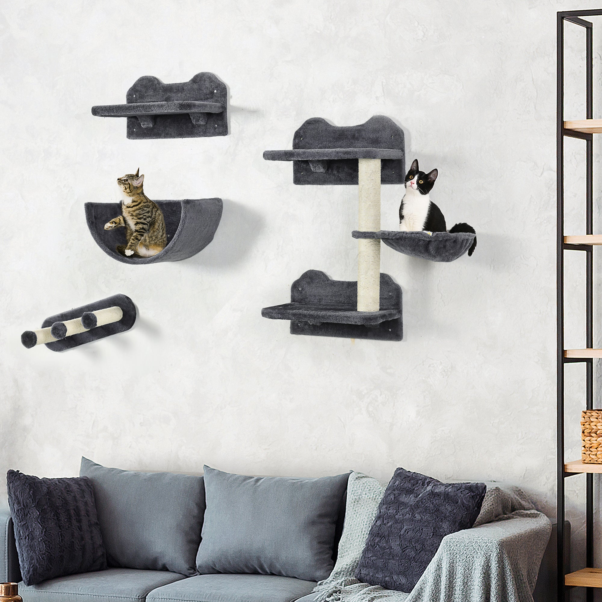 PawHut 4PCs Wall Mounted Cat Tree Cat Wall Shelves Furniture Climbing Shelf Set Kitten Activity Centre w/ Hammock, Scratching Post - Dark Grey