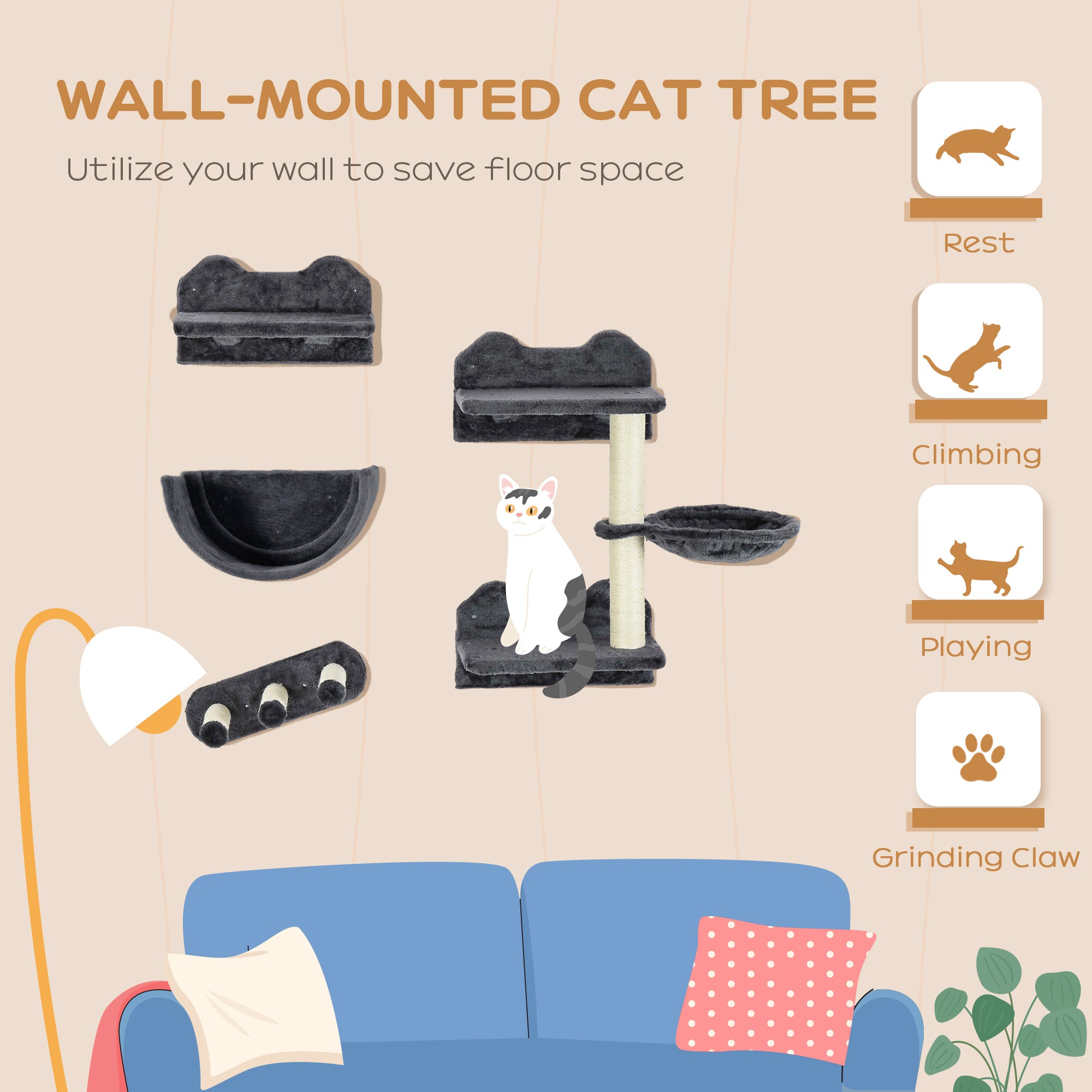 PawHut 4PCs Wall Mounted Cat Tree Cat Wall Shelves Furniture Climbing Shelf Set Kitten Activity Centre w/ Hammock, Scratching Post - Dark Grey
