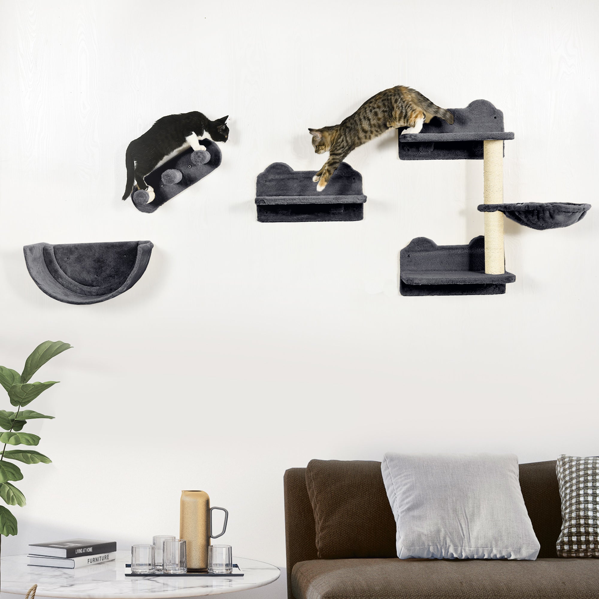 PawHut 4PCs Wall Mounted Cat Tree Cat Wall Shelves Furniture Climbing Shelf Set Kitten Activity Centre w/ Hammock, Scratching Post - Dark Grey