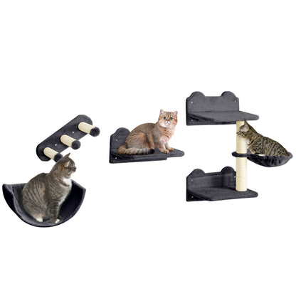 PawHut 4PCs Wall Mounted Cat Tree Cat Wall Shelves Furniture Climbing Shelf Set Kitten Activity Centre w/ Hammock, Scratching Post - Dark Grey