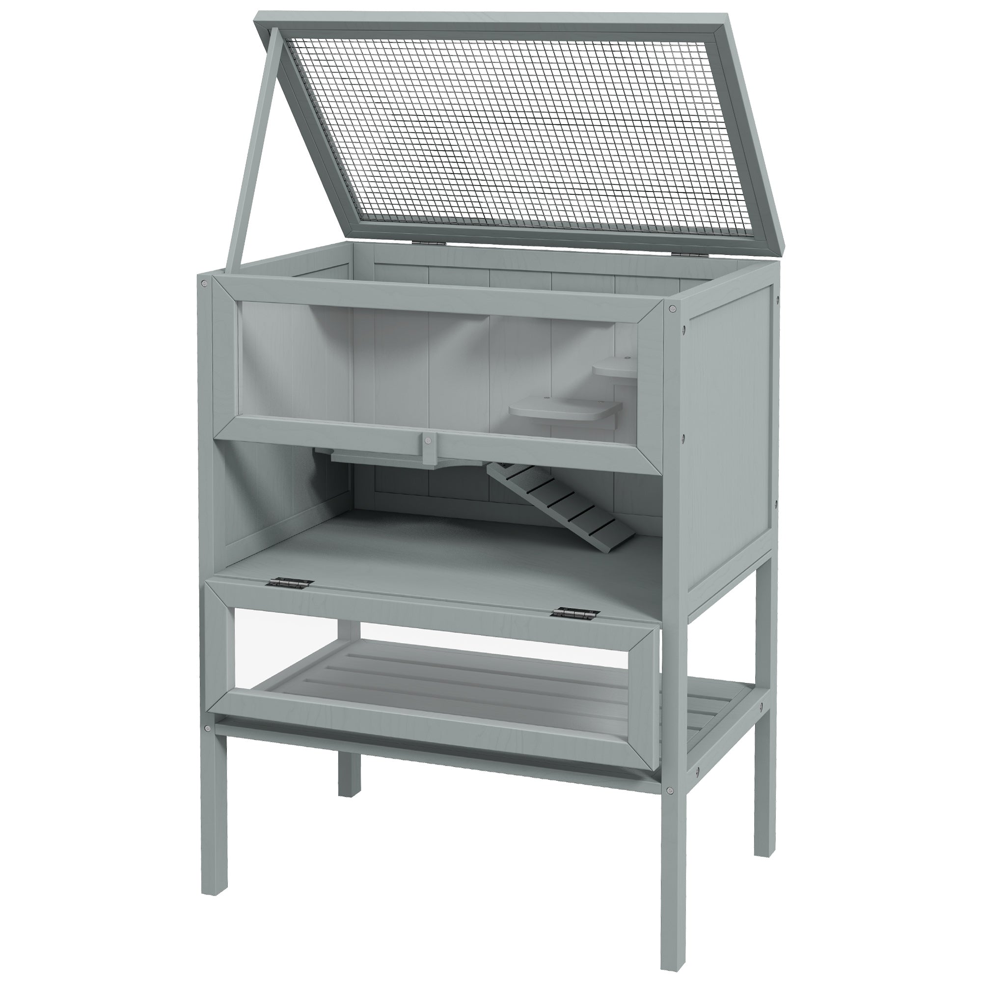 PawHut Wooden Hamster Cage with Storage Shelf, Small Animal Exercise Play House with Openable Top, for Hamsters, Gerbils, 60 x 40 x 80 cm - Grey