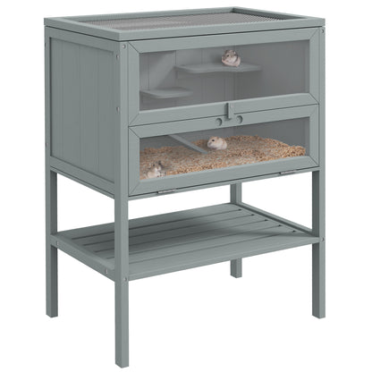 PawHut Wooden Hamster Cage with Storage Shelf, Small Animal Exercise Play House with Openable Top, for Hamsters, Gerbils, 60 x 40 x 80 cm - Grey