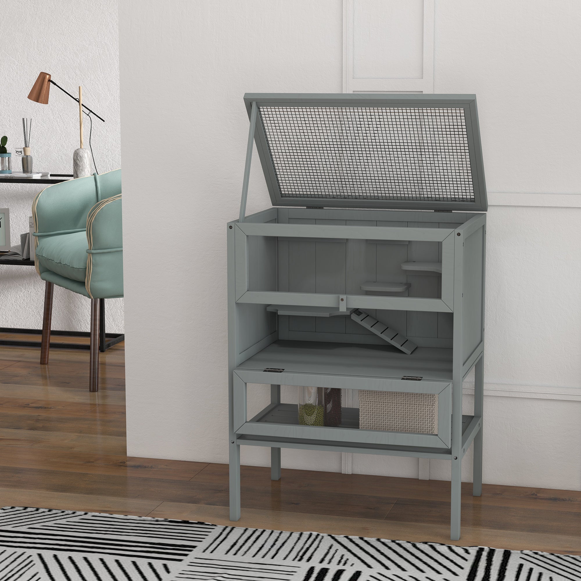 PawHut Wooden Hamster Cage with Storage Shelf, Small Animal Exercise Play House with Openable Top, for Hamsters, Gerbils, 60 x 40 x 80 cm - Grey