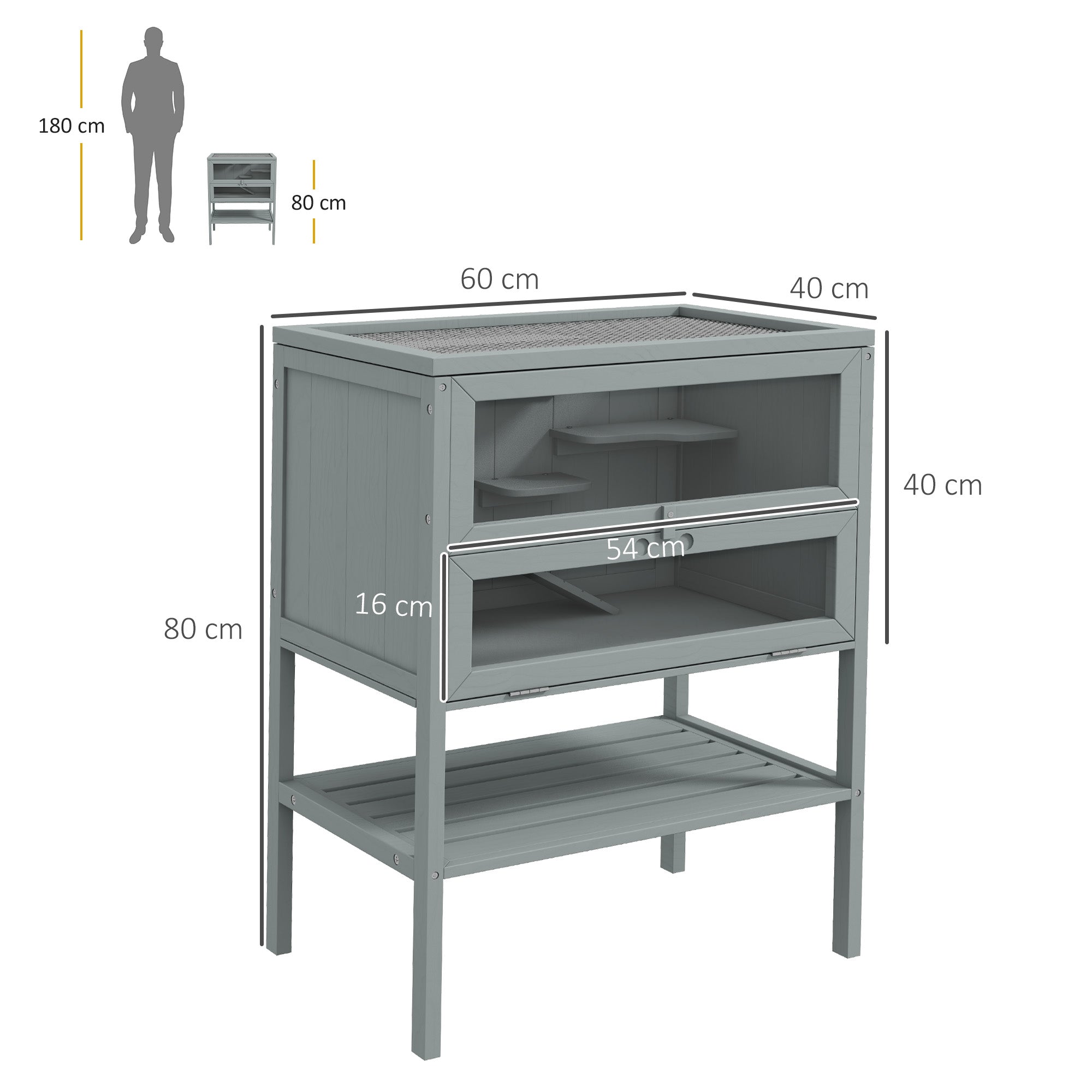 PawHut Wooden Hamster Cage with Storage Shelf, Small Animal Exercise Play House with Openable Top, for Hamsters, Gerbils, 60 x 40 x 80 cm - Grey