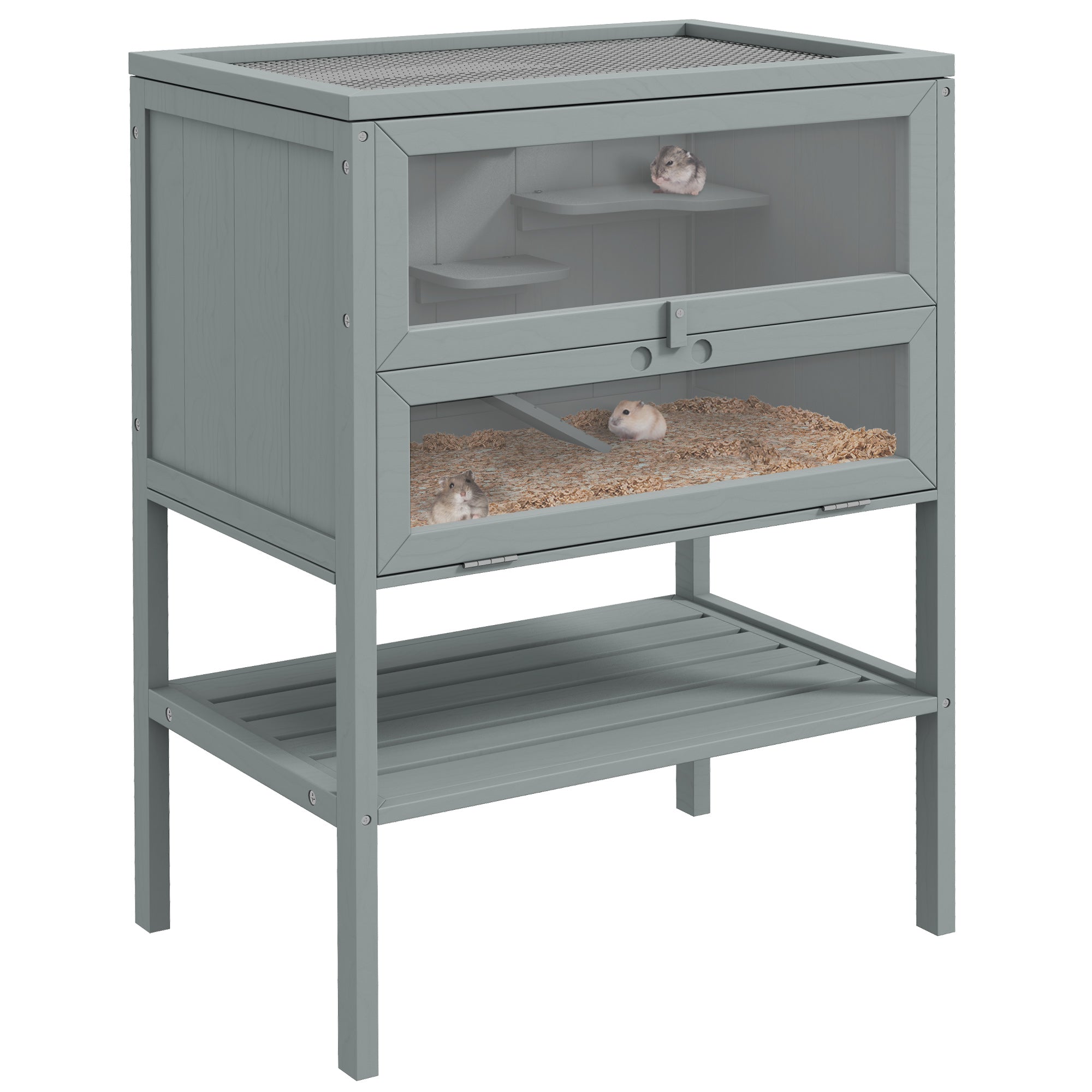 PawHut Wooden Hamster Cage with Storage Shelf, Small Animal Exercise Play House with Openable Top, for Hamsters, Gerbils, 60 x 40 x 80 cm - Grey