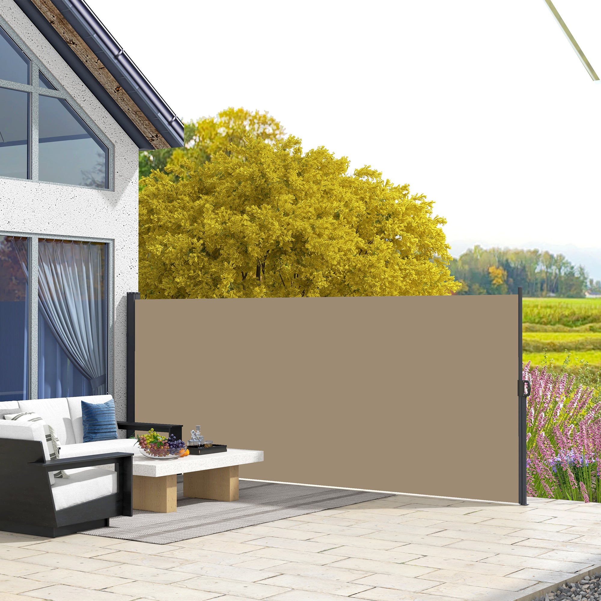Outsunny 13' x 5' Retractable Side Awning, Garden Privacy Screen Divider, Full Cassette Windbreaker for Hot Tub, Balcony, Terrace, Pool, Khaki