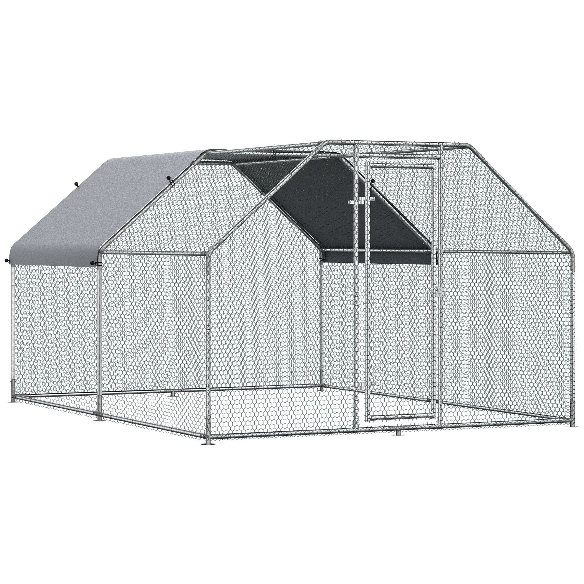 PawHut 9.2' x 12.5' Metal Chicken Coop, Galvanized Walk-in Hen House, Poultry Cage Outdoor Backyard with Waterproof UV-Protection Cover for Rabbits, Ducks