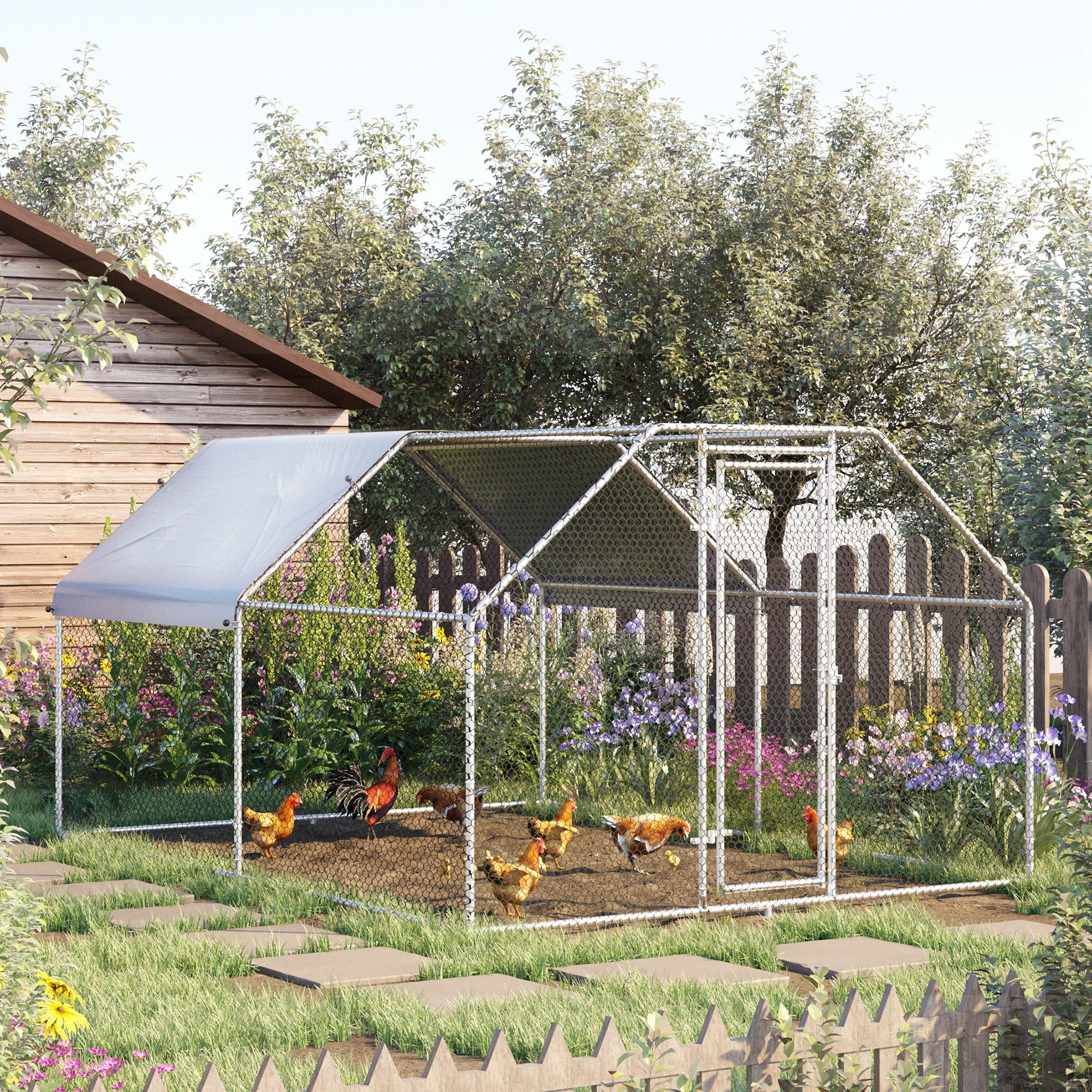 PawHut 9.2' x 12.5' Metal Chicken Coop, Galvanized Walk-in Hen House, Poultry Cage Outdoor Backyard with Waterproof UV-Protection Cover for Rabbits, Ducks