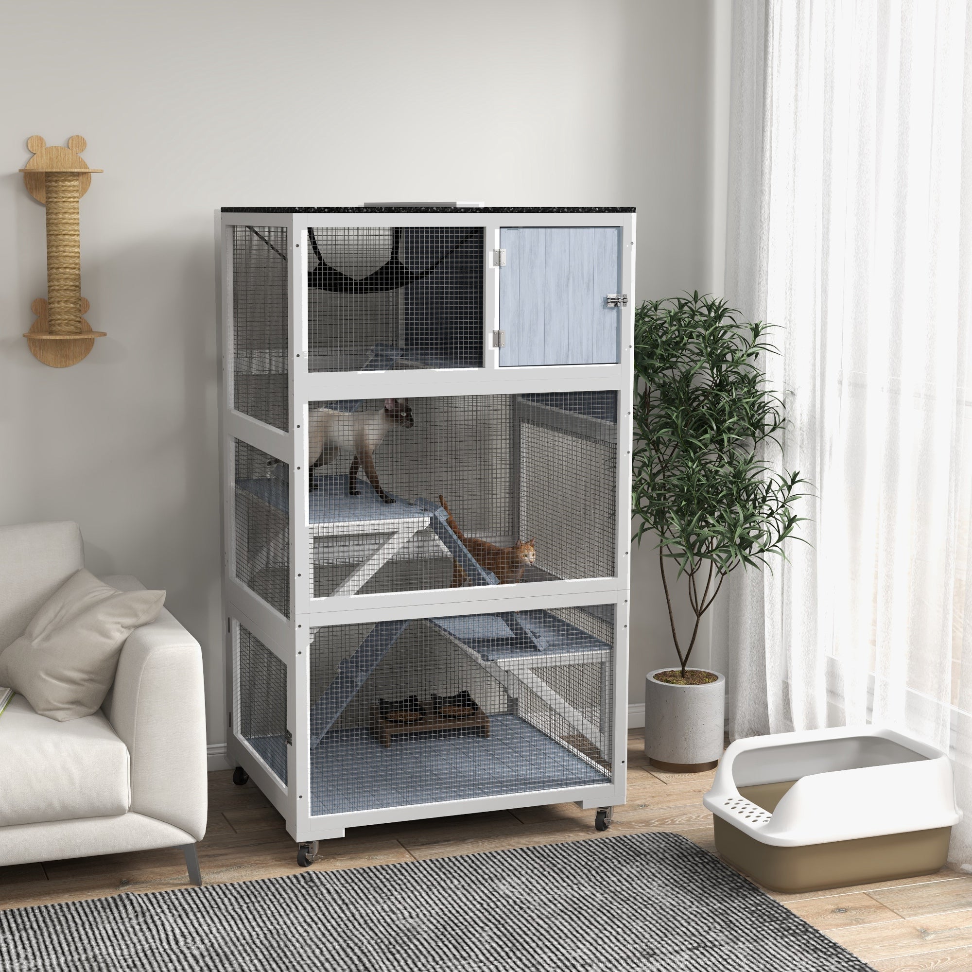 PawHut Catio 34" L Outdoor Cat House on Wheels with Weatherproof Roof Hammock Multiple Platforms Resting Condo Ramps Lockable Doors, for 1-3 Cats, Grey