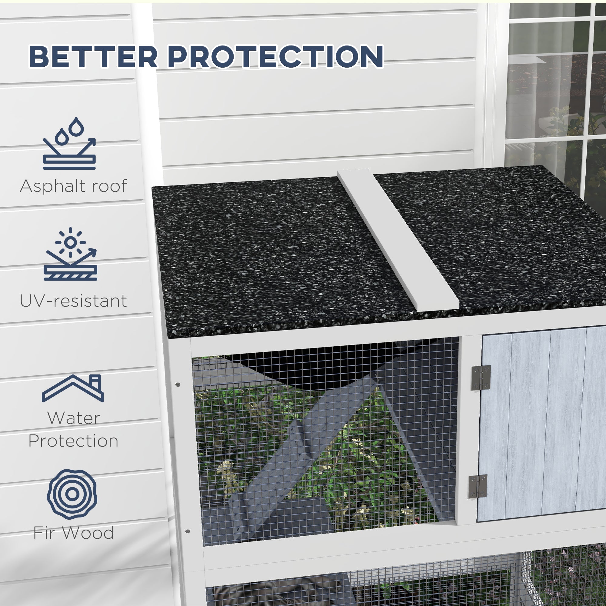 PawHut Catio 34" L Outdoor Cat House on Wheels with Weatherproof Roof Hammock Multiple Platforms Resting Condo Ramps Lockable Doors, for 1-3 Cats, Grey