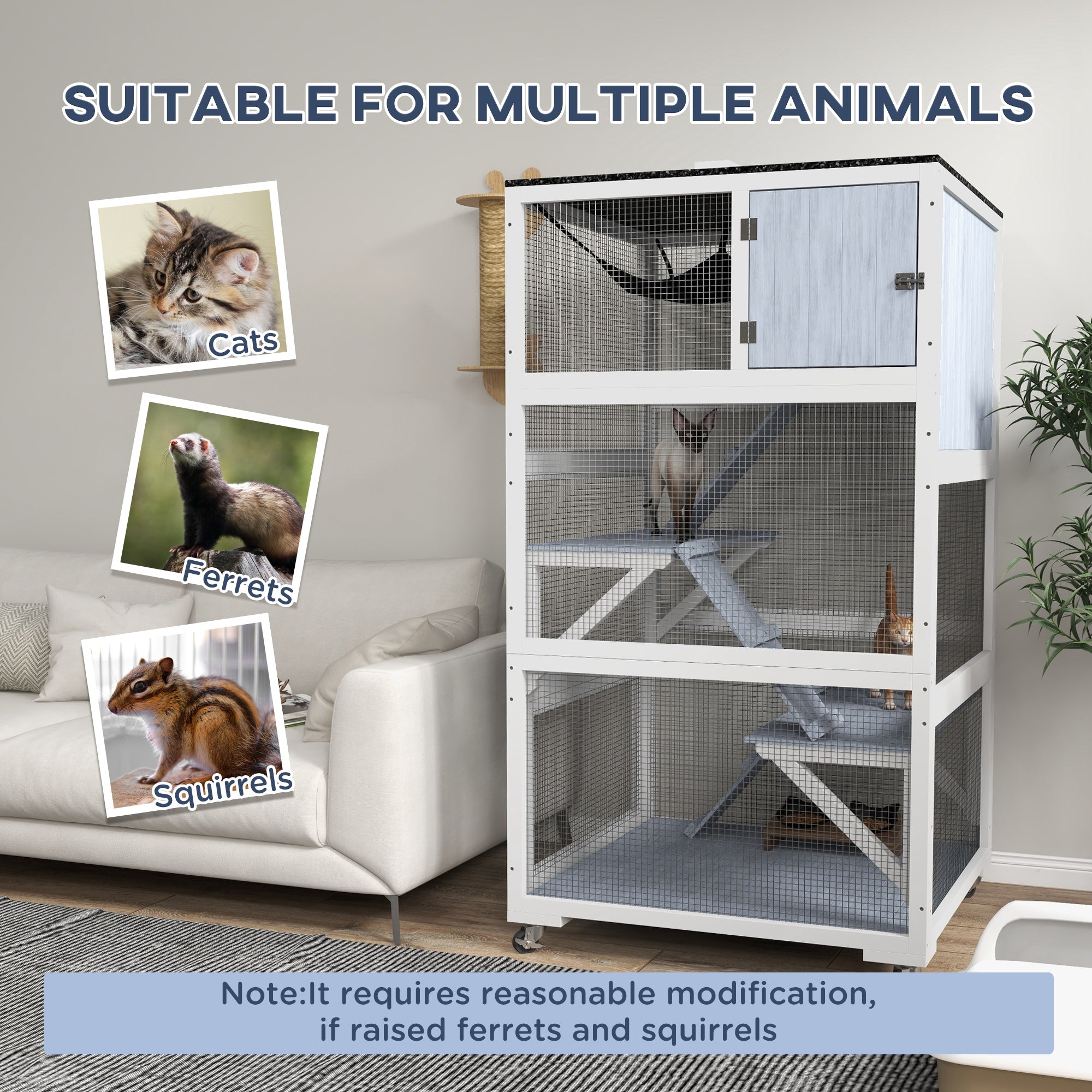 PawHut Catio 34" L Outdoor Cat House on Wheels with Weatherproof Roof Hammock Multiple Platforms Resting Condo Ramps Lockable Doors, for 1-3 Cats, Grey