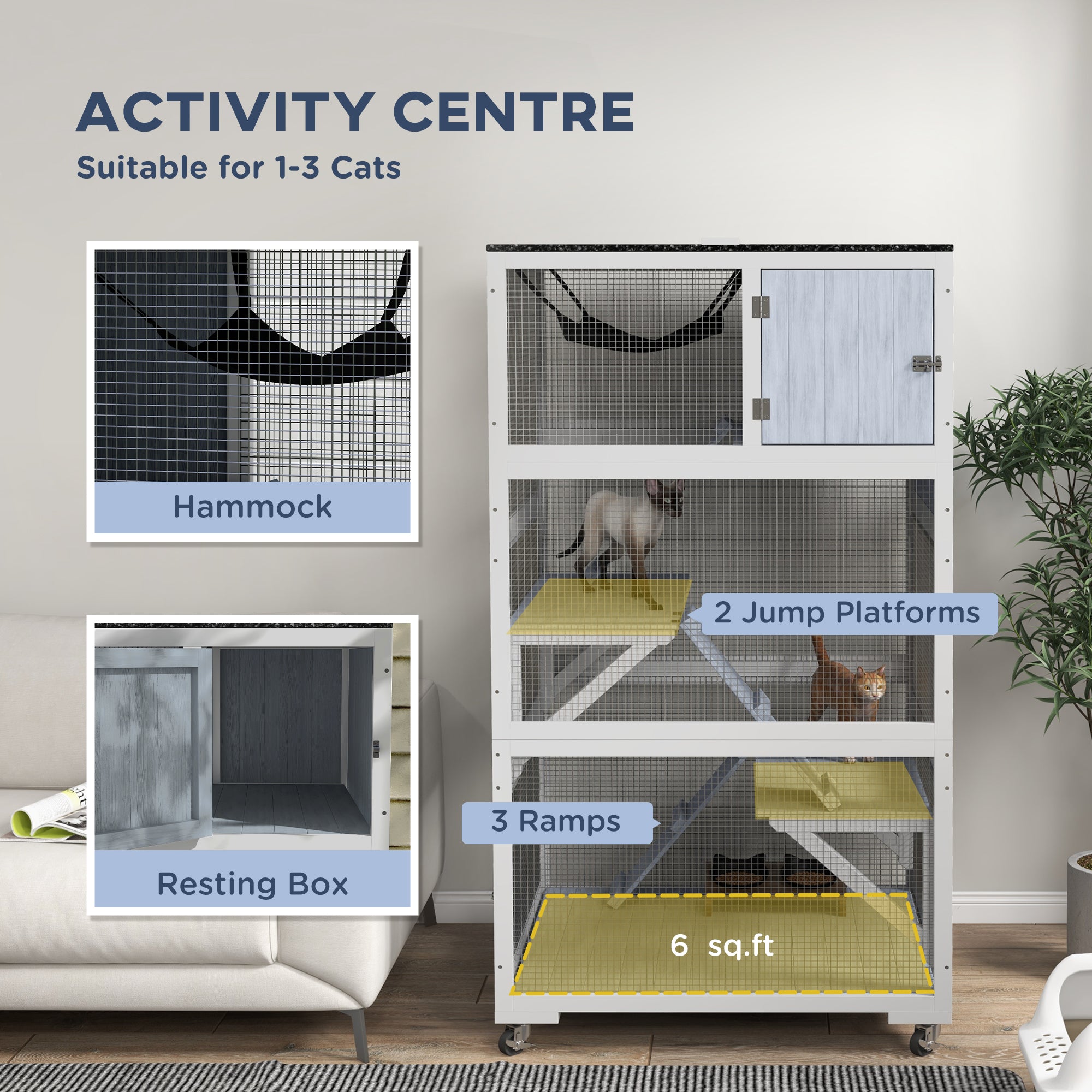 PawHut Catio 34" L Outdoor Cat House on Wheels with Weatherproof Roof Hammock Multiple Platforms Resting Condo Ramps Lockable Doors, for 1-3 Cats, Grey