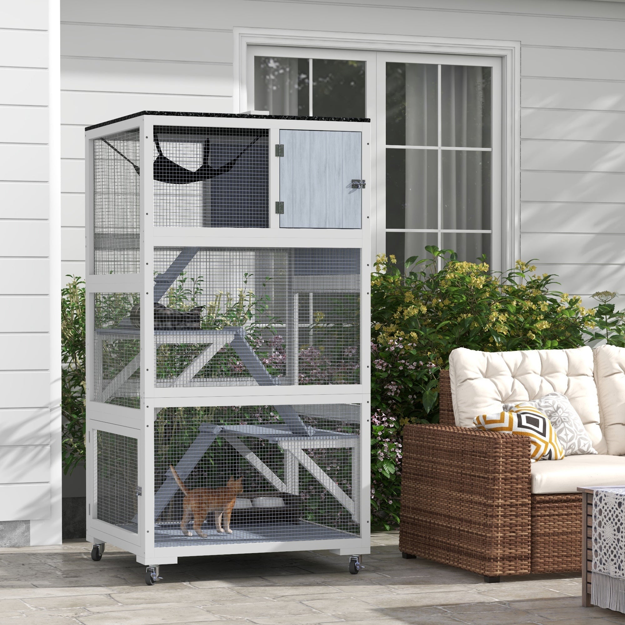 PawHut Catio 34" L Outdoor Cat House on Wheels with Weatherproof Roof Hammock Multiple Platforms Resting Condo Ramps Lockable Doors, for 1-3 Cats, Grey