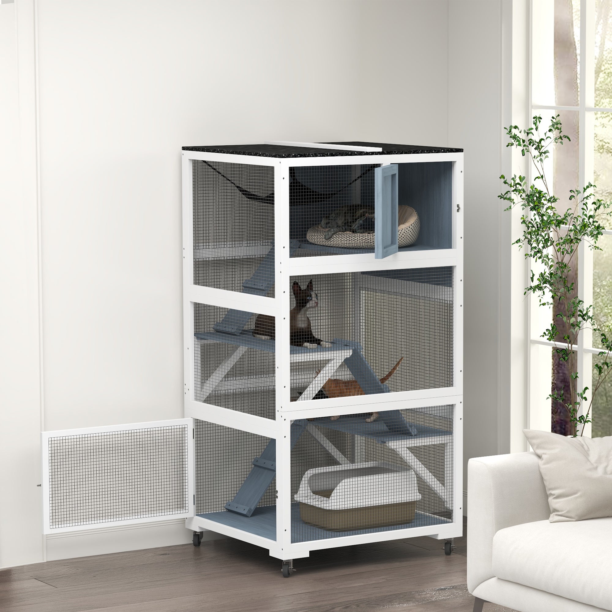 PawHut Catio 34" L Outdoor Cat House on Wheels with Weatherproof Roof Hammock Multiple Platforms Resting Condo Ramps Lockable Doors, for 1-3 Cats, Grey