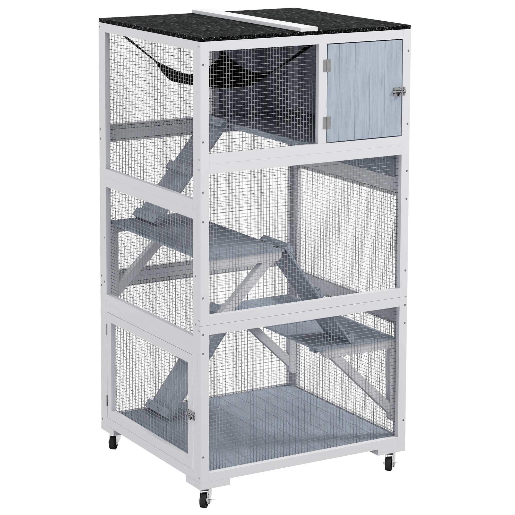 PawHut Catio 34" L Outdoor Cat House on Wheels with Weatherproof Roof Hammock Multiple Platforms Resting Condo Ramps Lockable Doors, for 1-3 Cats, Grey