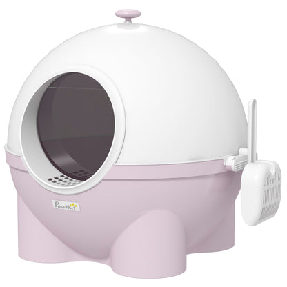 PawHut Cat Litter Box with Lid, Enclosed Kitty Litter Box with Scoop, Leaking Sand Pedal, Top Handle, Pink