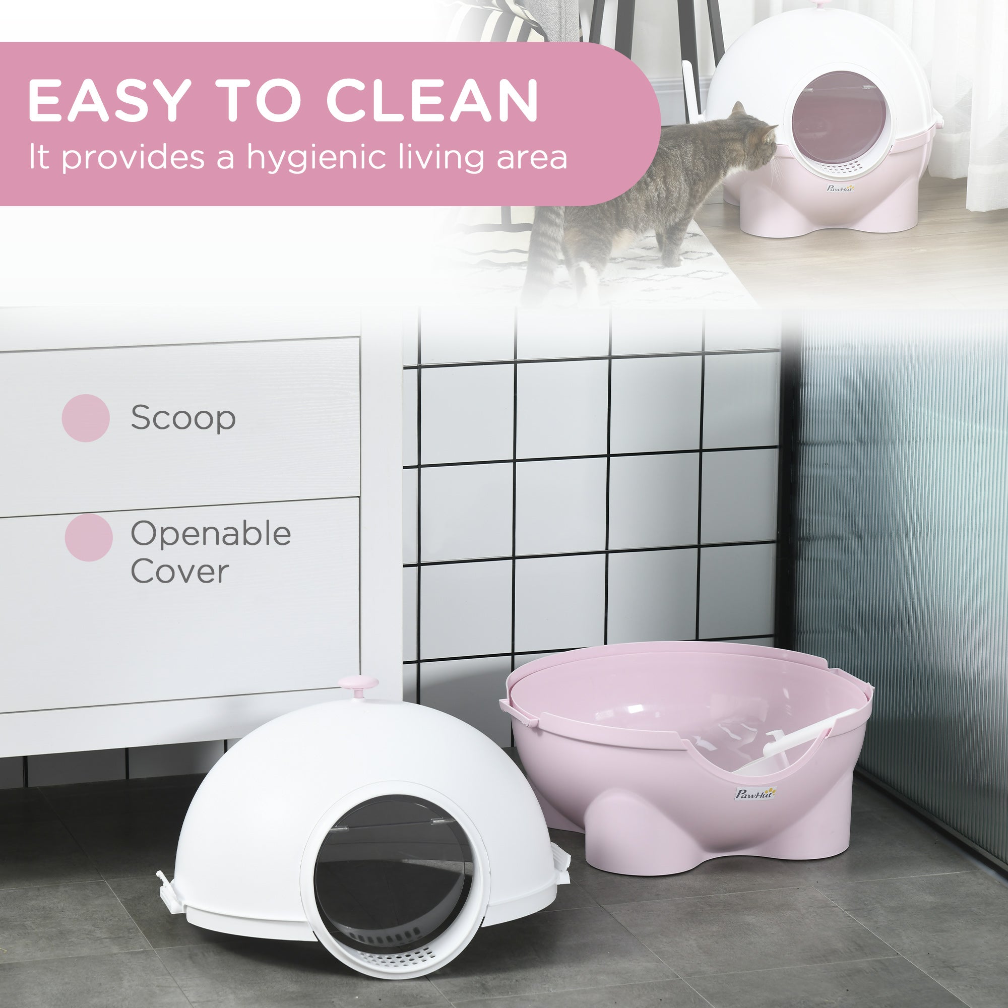 PawHut Cat Litter Box with Lid, Enclosed Kitty Litter Box with Scoop, Leaking Sand Pedal, Top Handle, Pink