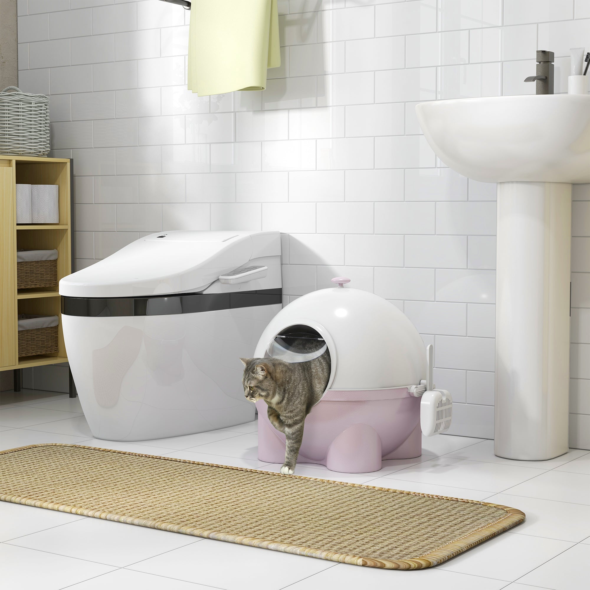 PawHut Cat Litter Box with Lid, Enclosed Kitty Litter Box with Scoop, Leaking Sand Pedal, Top Handle, Pink