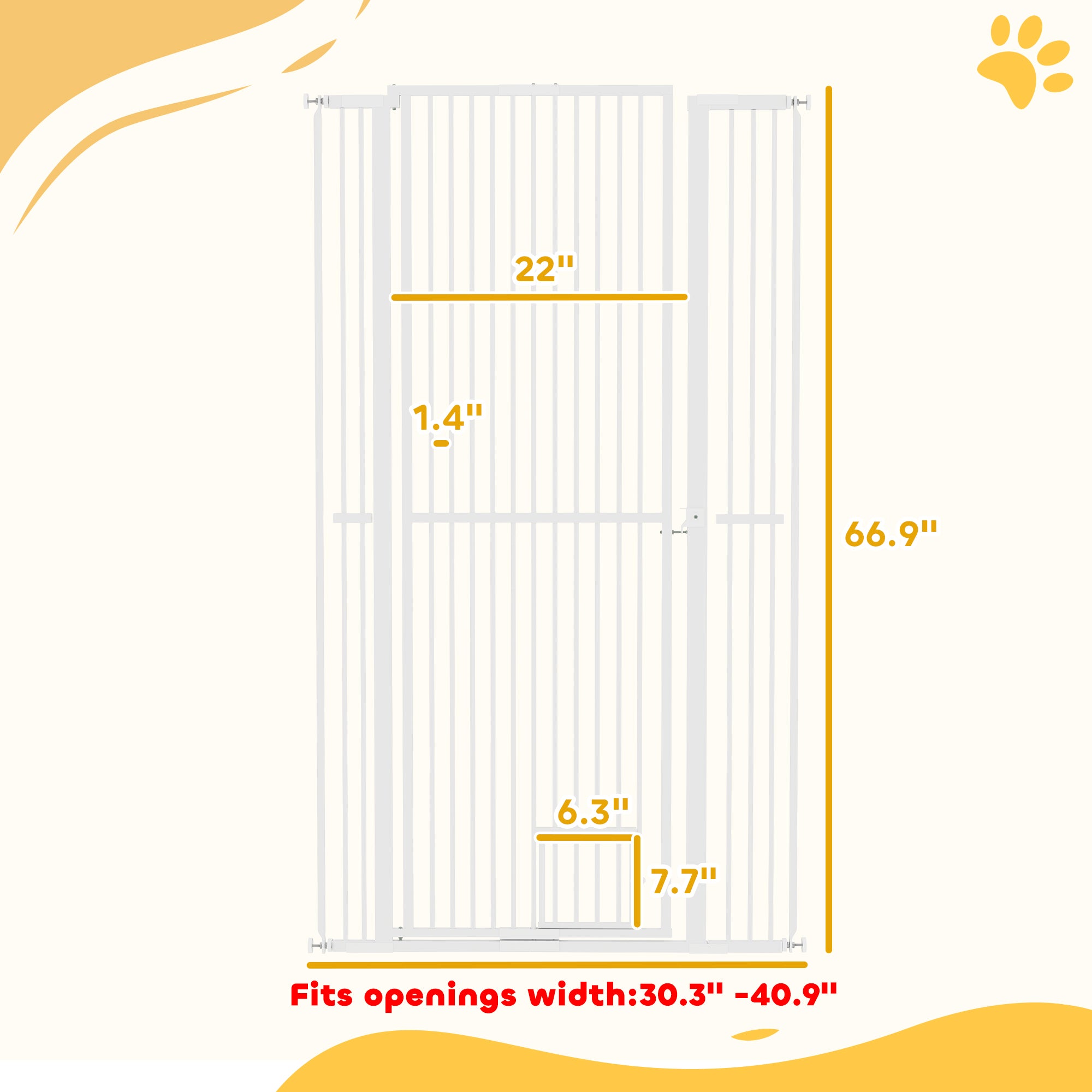 PawHut 67" Extra Tall Pet Gate for Cats, 30"-41" Cat Gate with Small Cat Door, 1.4" Narrow Gap, 2.8" and 5.5" Extension, Pressure Mounted No Drilling Dog Gate for Doorway, Hallway, Stairway, White