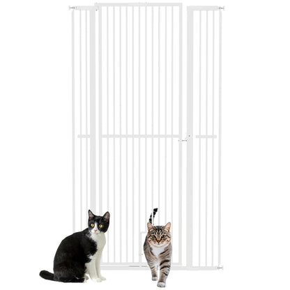 PawHut 67" Extra Tall Pet Gate for Cats, 30"-41" Cat Gate with Small Cat Door, 1.4" Narrow Gap, 2.8" and 5.5" Extension, Pressure Mounted No Drilling Dog Gate for Doorway, Hallway, Stairway, White