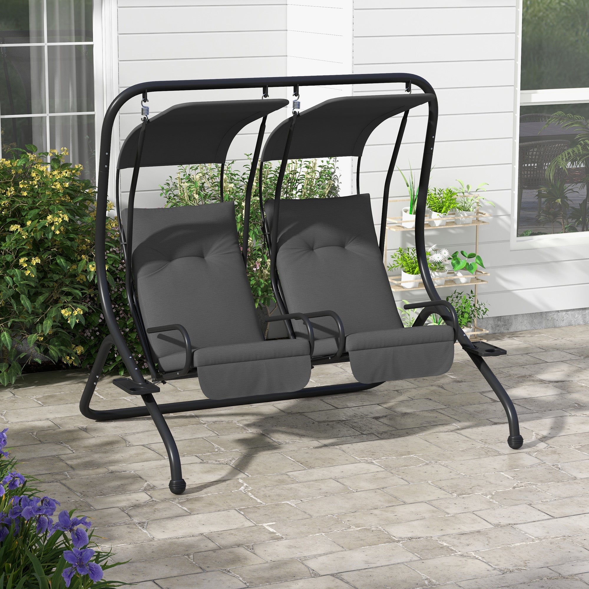 Outsunny Luxury Patio Swing Metal Outdoor Porch Swing Chair 2 Separated Seater Hammock Heavy-Duty with Canopy and Cushions, Grey