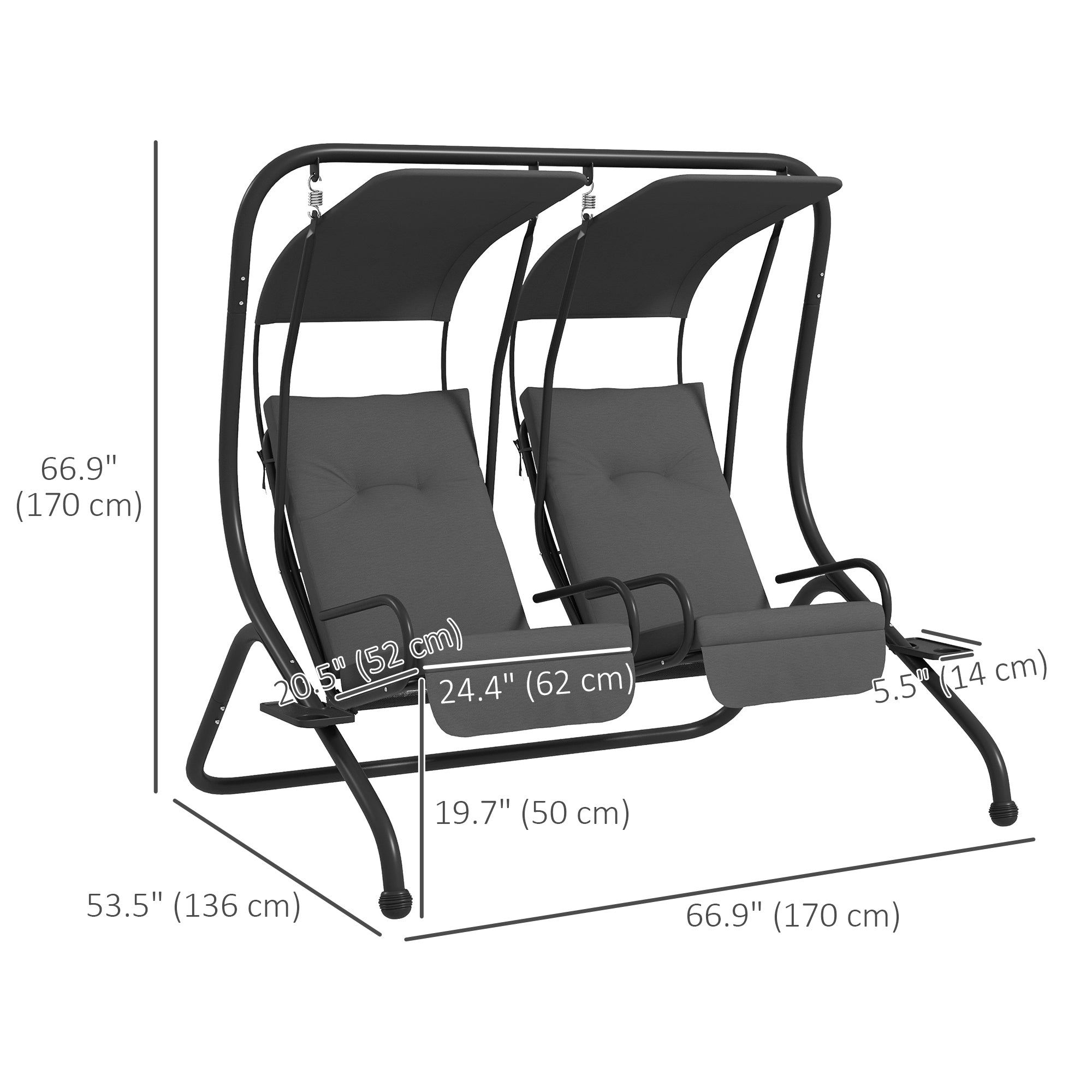 Outsunny Luxury Patio Swing Metal Outdoor Porch Swing Chair 2 Separated Seater Hammock Heavy-Duty with Canopy and Cushions, Grey