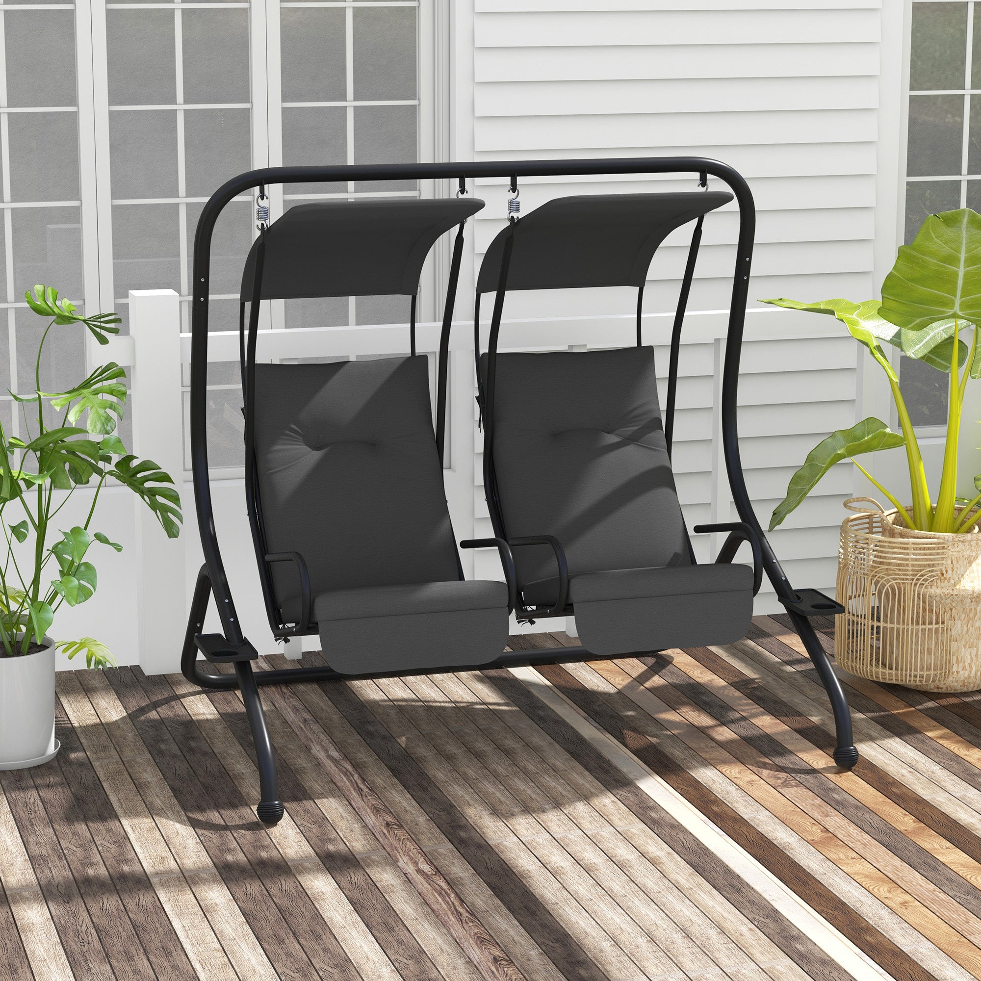 Outsunny Luxury Patio Swing Metal Outdoor Porch Swing Chair 2 Separated Seater Hammock Heavy-Duty with Canopy and Cushions, Grey