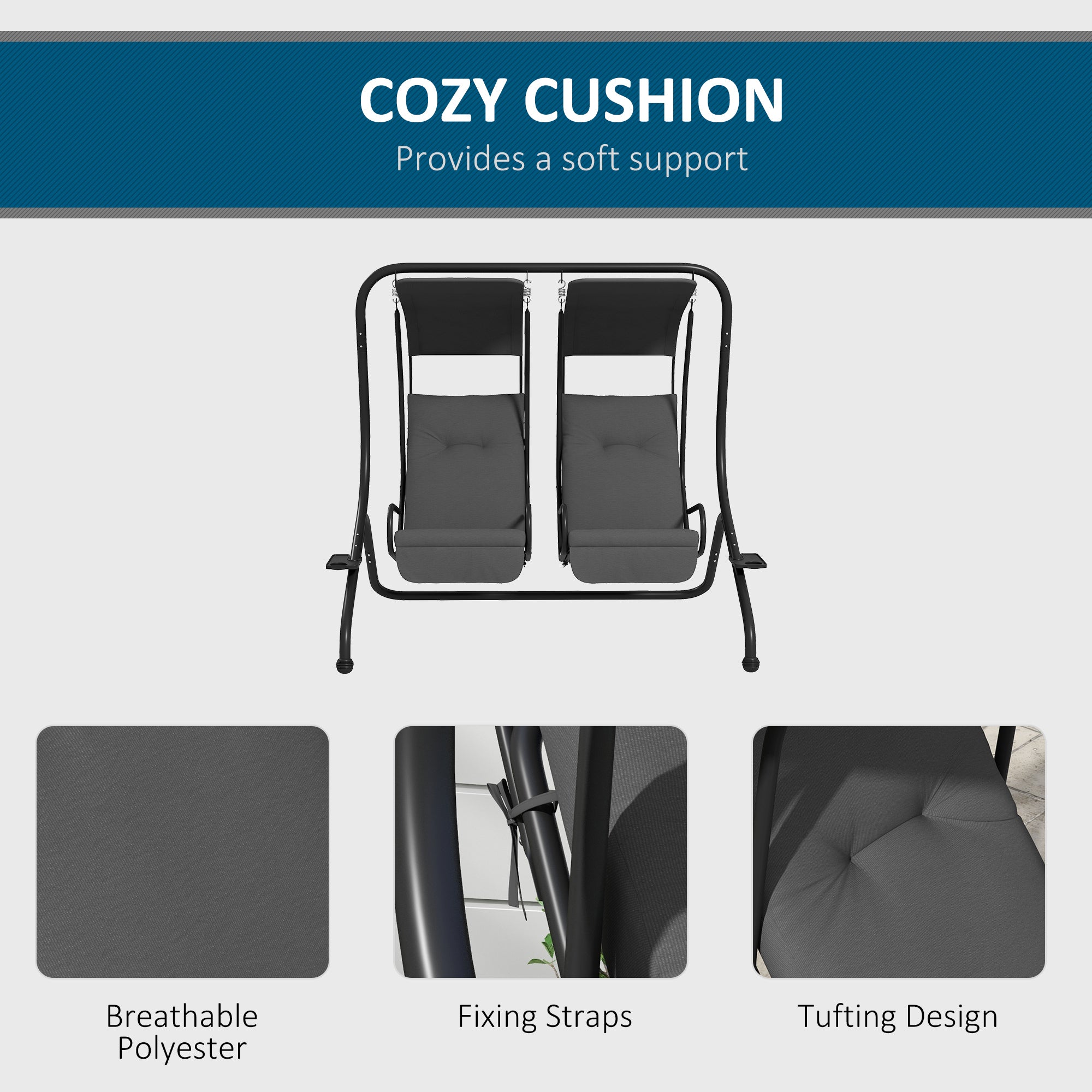 Outsunny Luxury Patio Swing Metal Outdoor Porch Swing Chair 2 Separated Seater Hammock Heavy-Duty with Canopy and Cushions, Grey