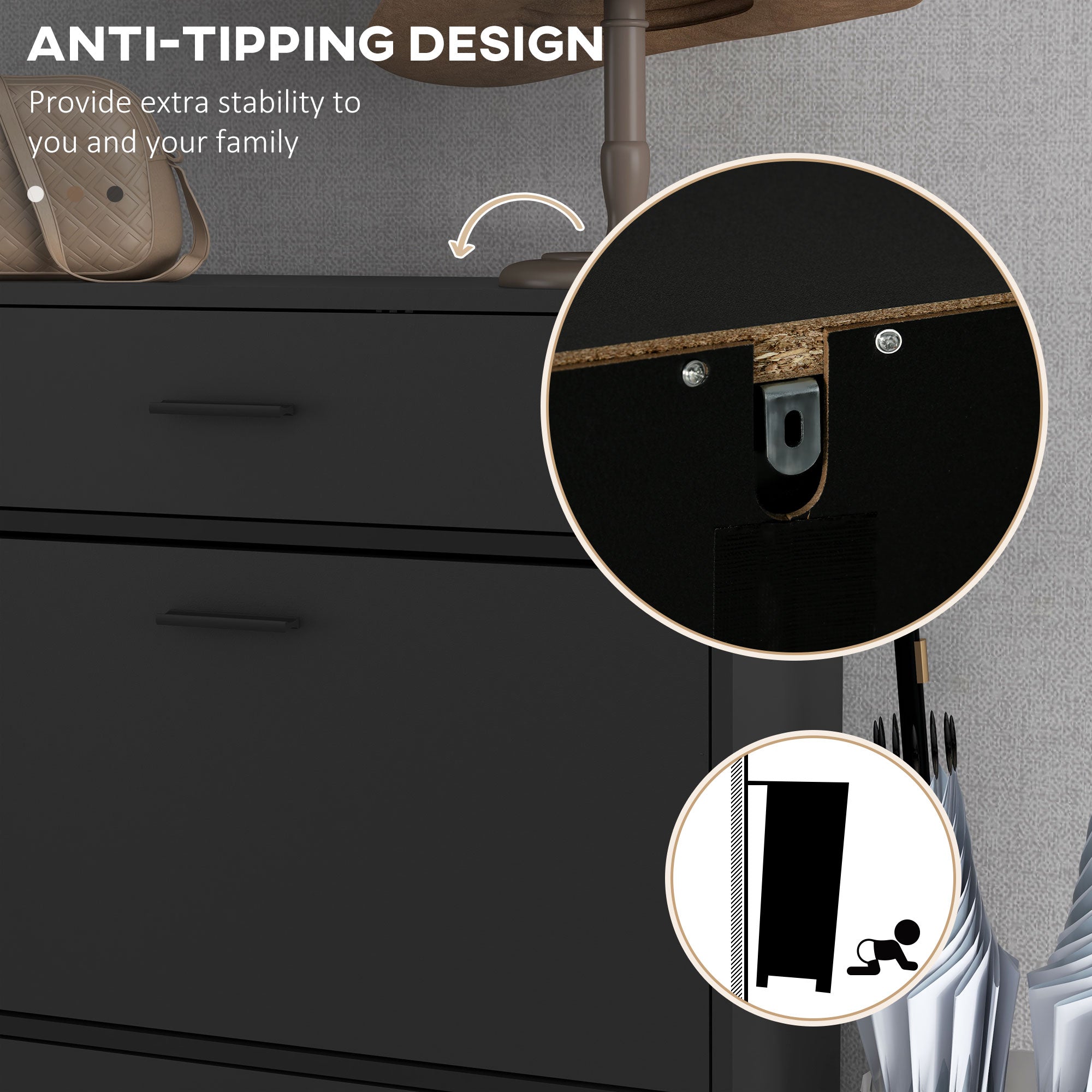 HOMCOM Modern Shoe Cabinet with 2 Flip Doors, Drawer and Adjustable Shelf, 12 Pair Shoe Storage Cabinet for Entryway, Hallway, Black