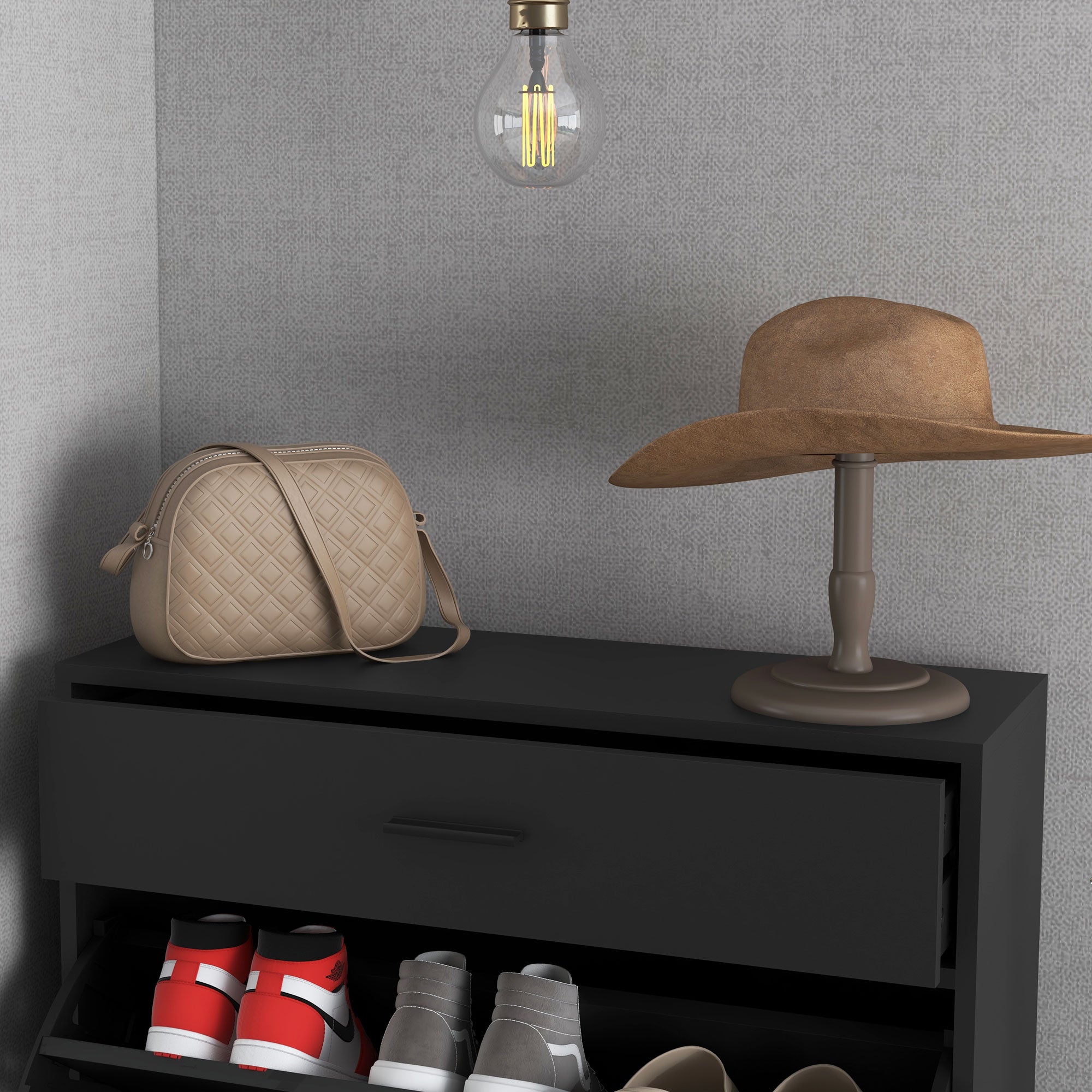 HOMCOM Modern Shoe Cabinet with 2 Flip Doors, Drawer and Adjustable Shelf, 12 Pair Shoe Storage Cabinet for Entryway, Hallway, Black