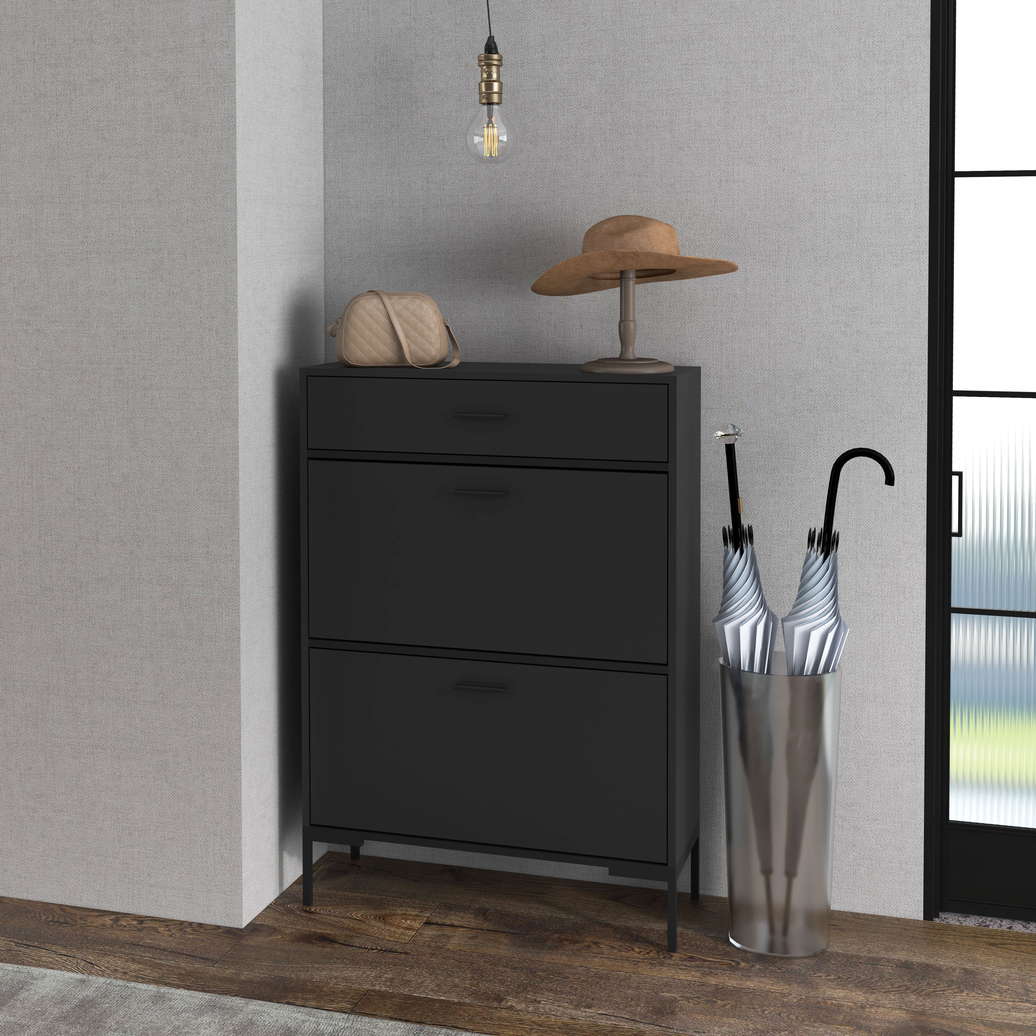 HOMCOM Modern Shoe Cabinet with 2 Flip Doors, Drawer and Adjustable Shelf, 12 Pair Shoe Storage Cabinet for Entryway, Hallway, Black