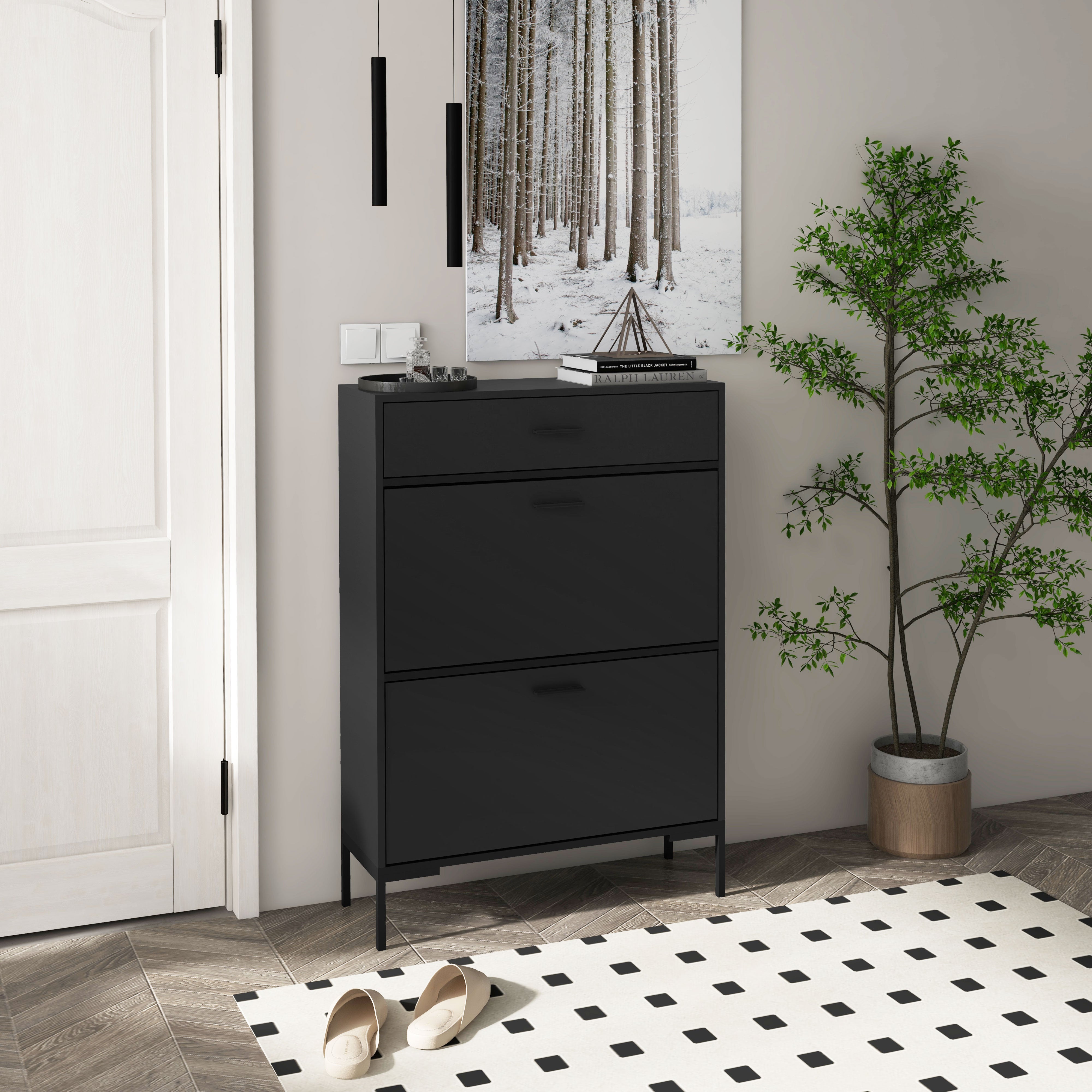 HOMCOM Modern Shoe Cabinet with 2 Flip Doors, Drawer and Adjustable Shelf, 12 Pair Shoe Storage Cabinet for Entryway, Hallway, Black
